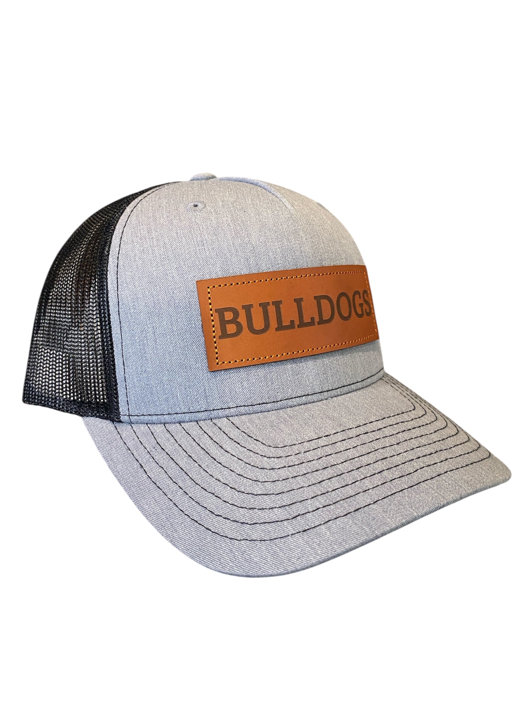 Leather patch BULLDOGS trucker hat in heather gray/black mesh