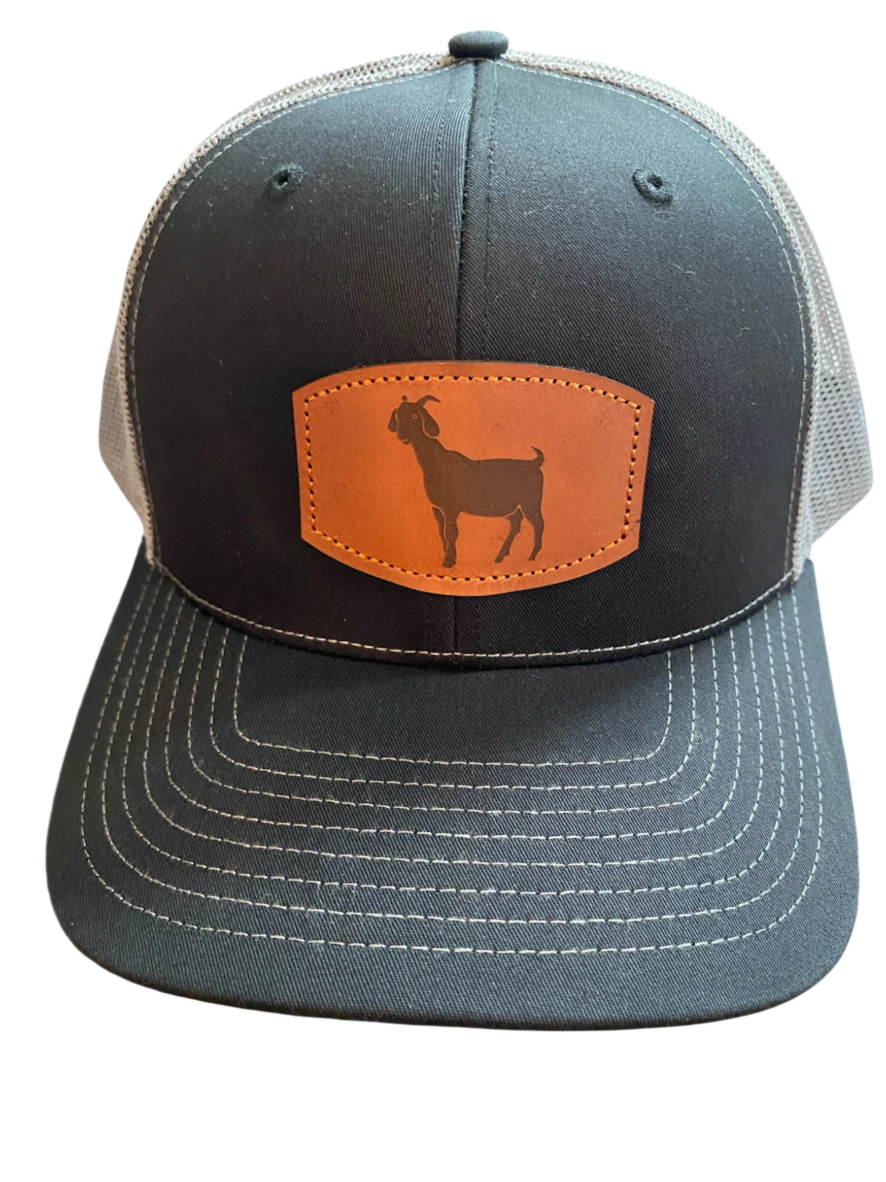 Richardson Leather Patch goat trucker hat in black with gray mesh