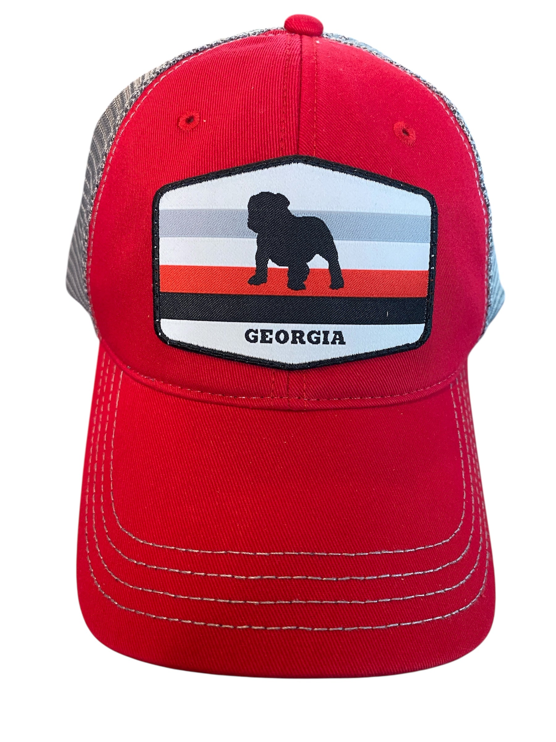 Bulldog Stripes Woven Patch trucker hat in red/gray