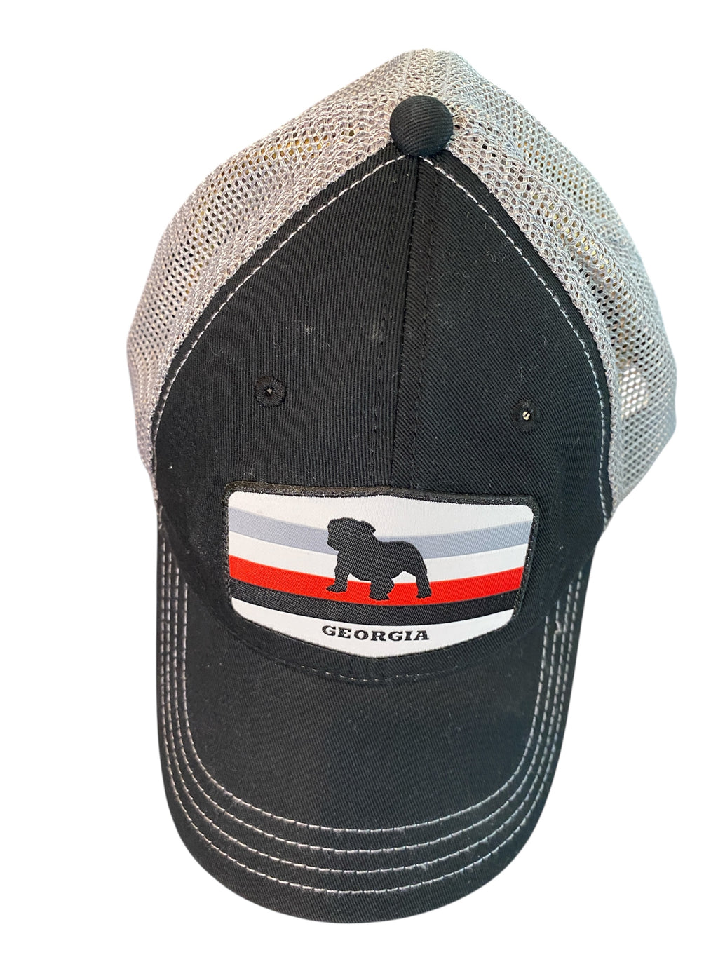 Bulldog Stripes Woven Patch Unstructured Trucker Hat in black/gray mesh