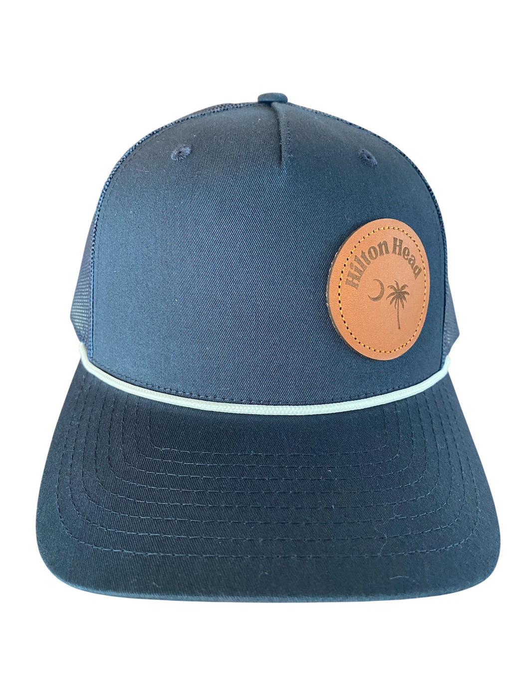 Leather Patch askew Hilton Head Cap in navy with white rope