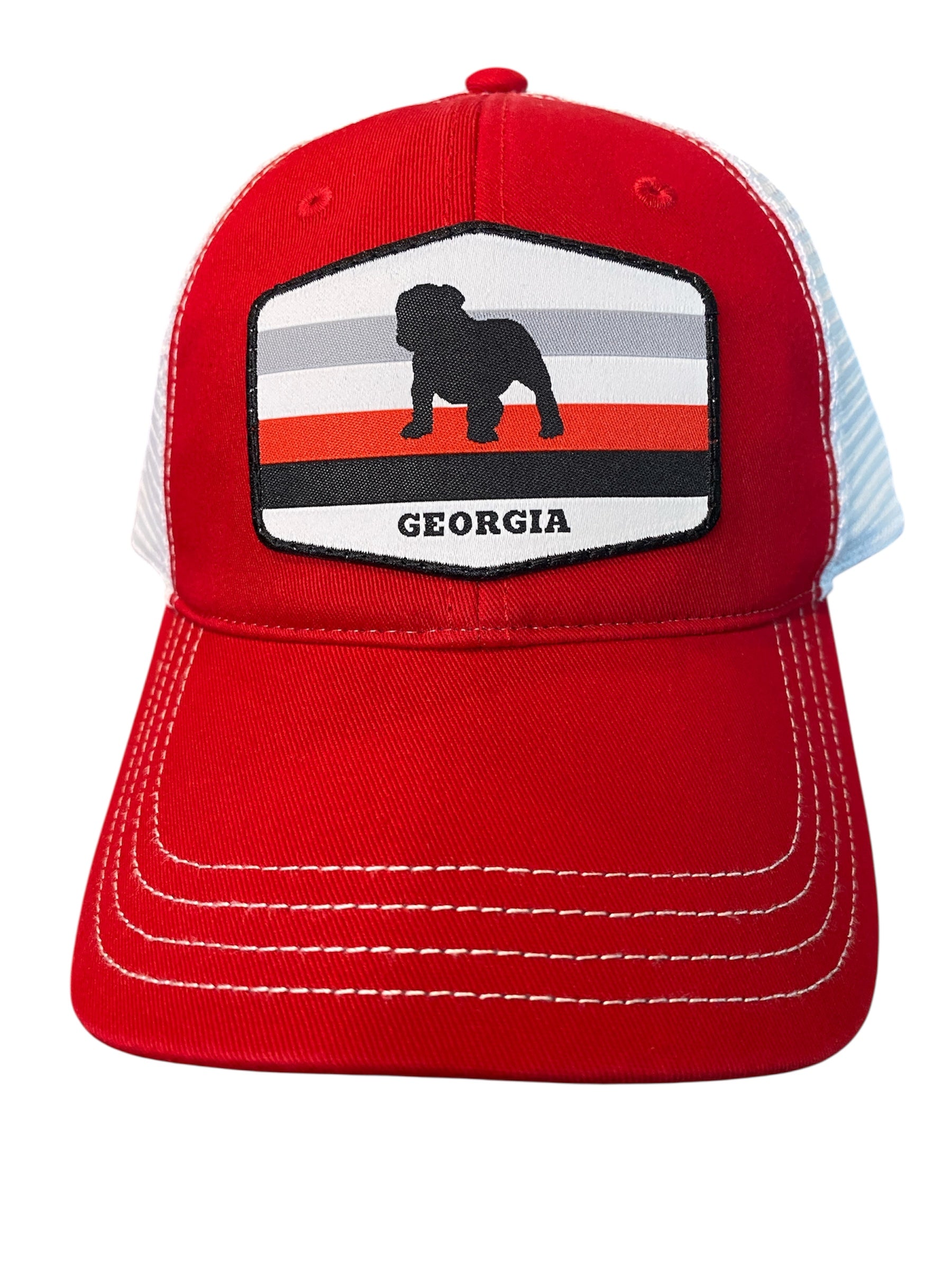 Bulldog Stripes Woven Patch Unstructured Trucker Hat in red/white mesh