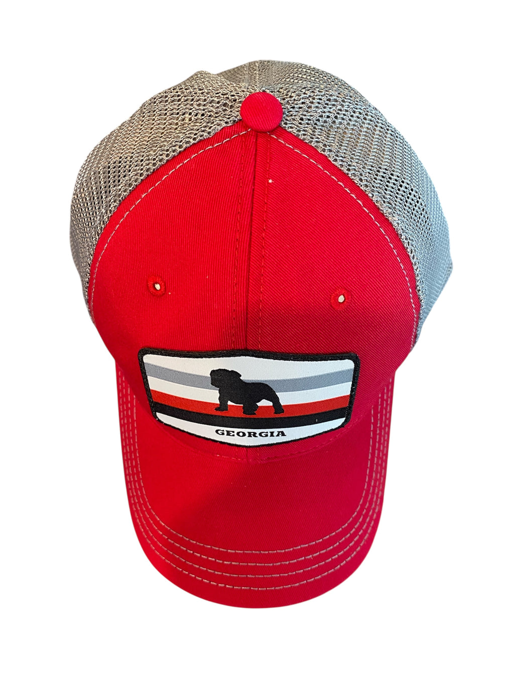 Bulldog Stripes Woven Patch trucker hat in red/gray
