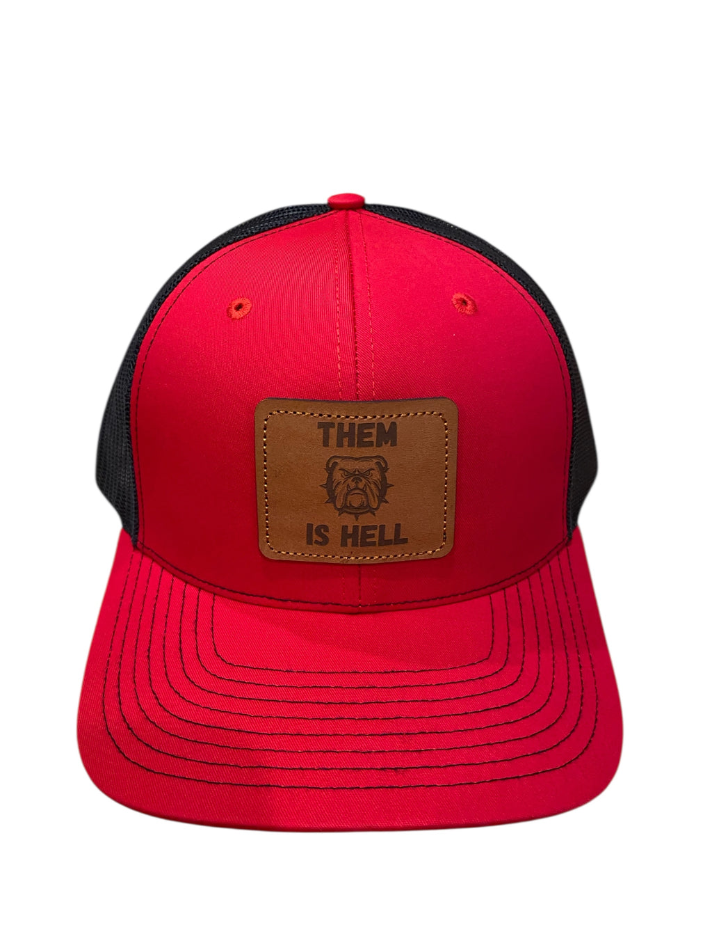 Leather patch Them Is Hell Trucker Hat in red/black mesh