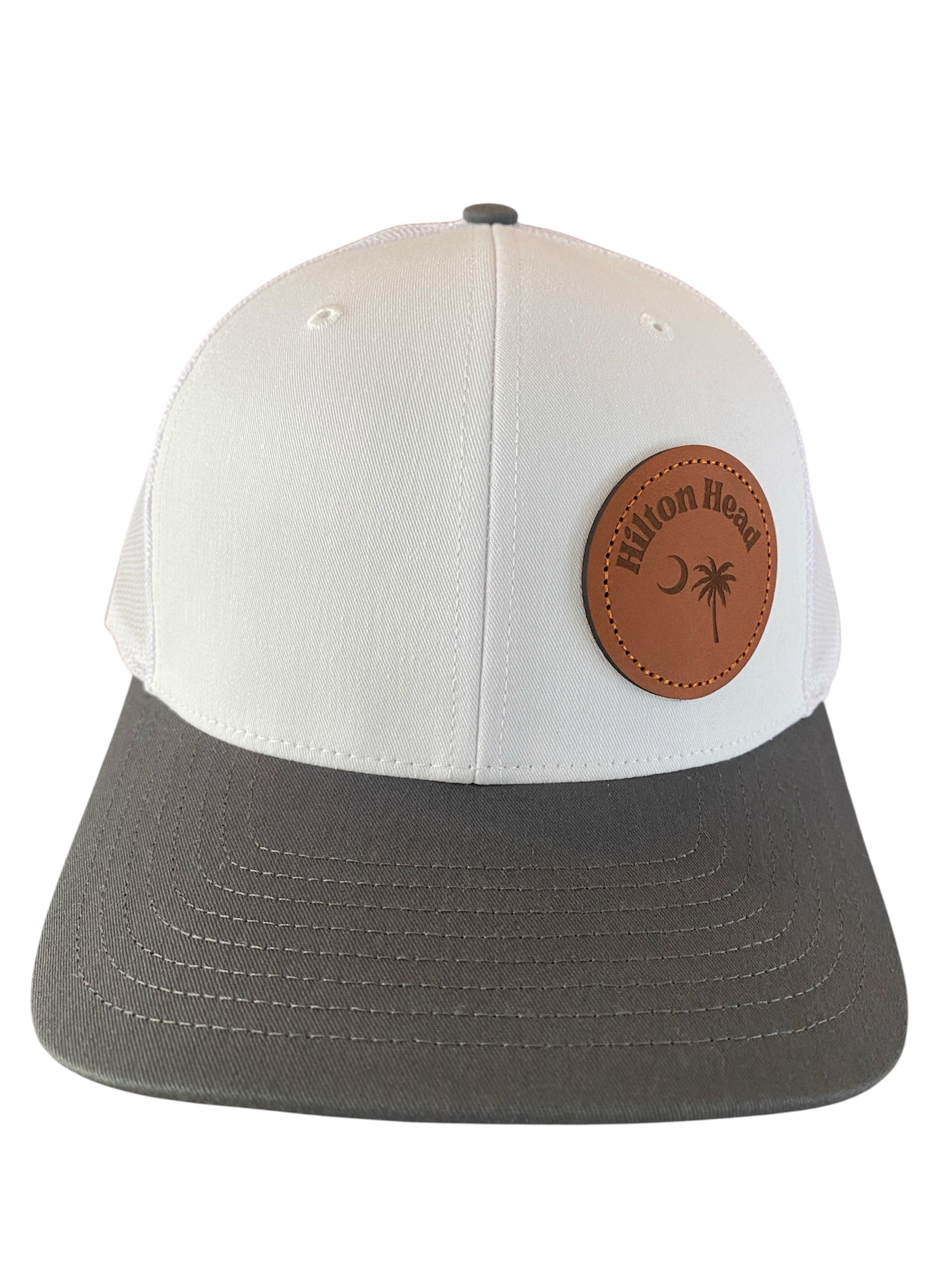Leather Patch Hilton Head Cap in charcoal/white/white mesh