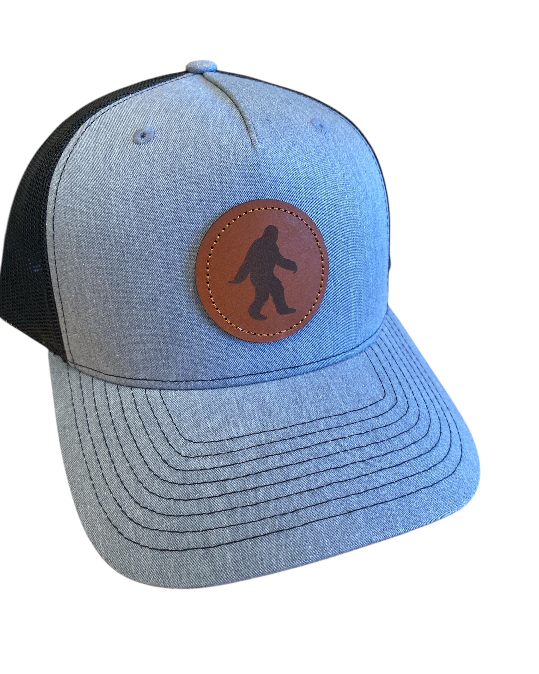 Leather patch Bigfoot trucker hat in heather gray/black mesh