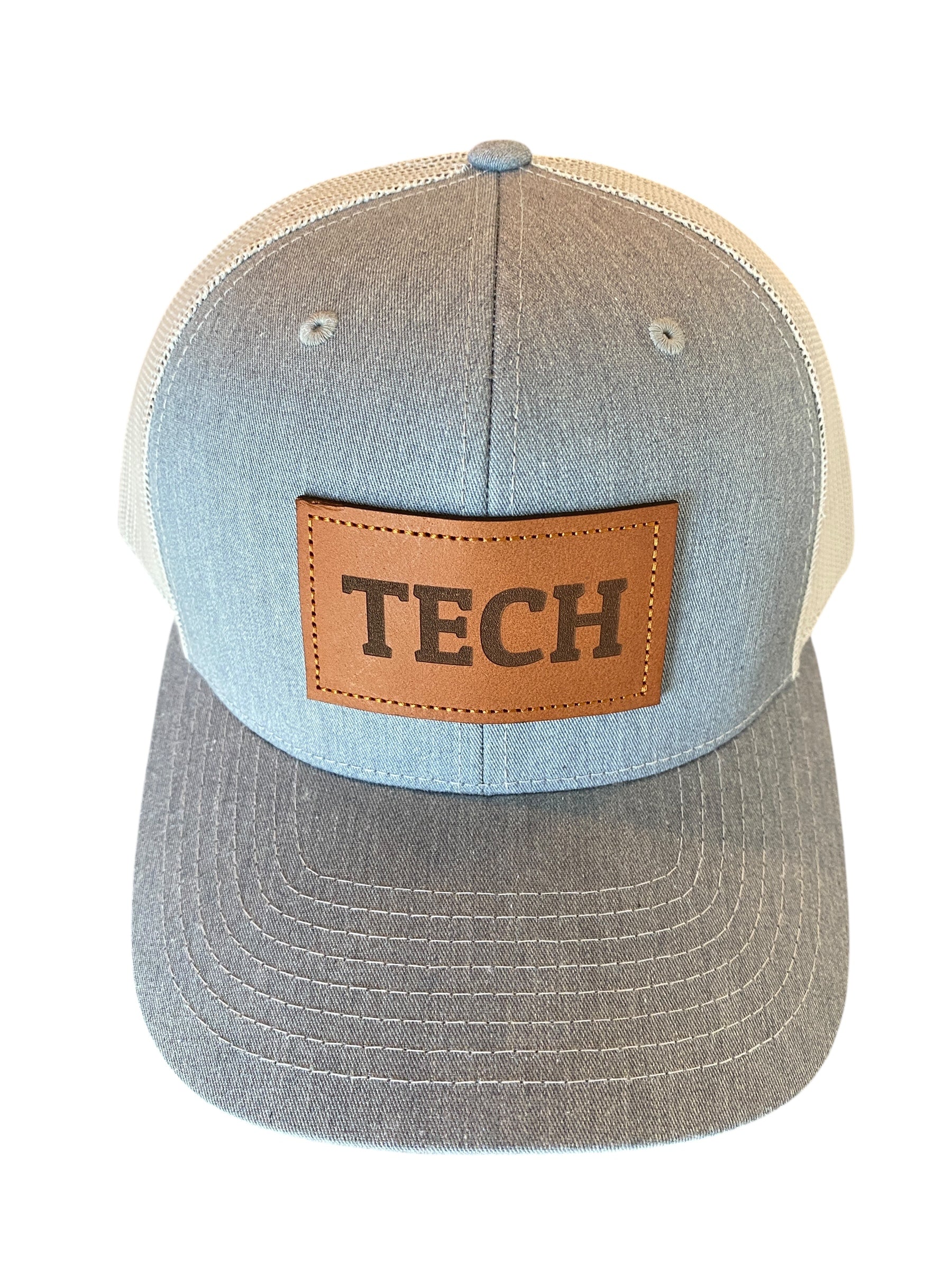Leather Patch TECH Trucker Hat in heather gray/gray mesh