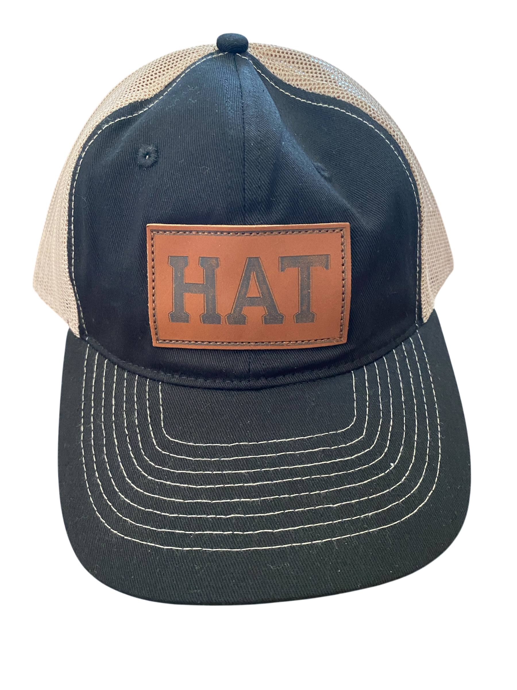 SaHC unstructured trucker hat in black/off-white mesh with faux leather HAT patch