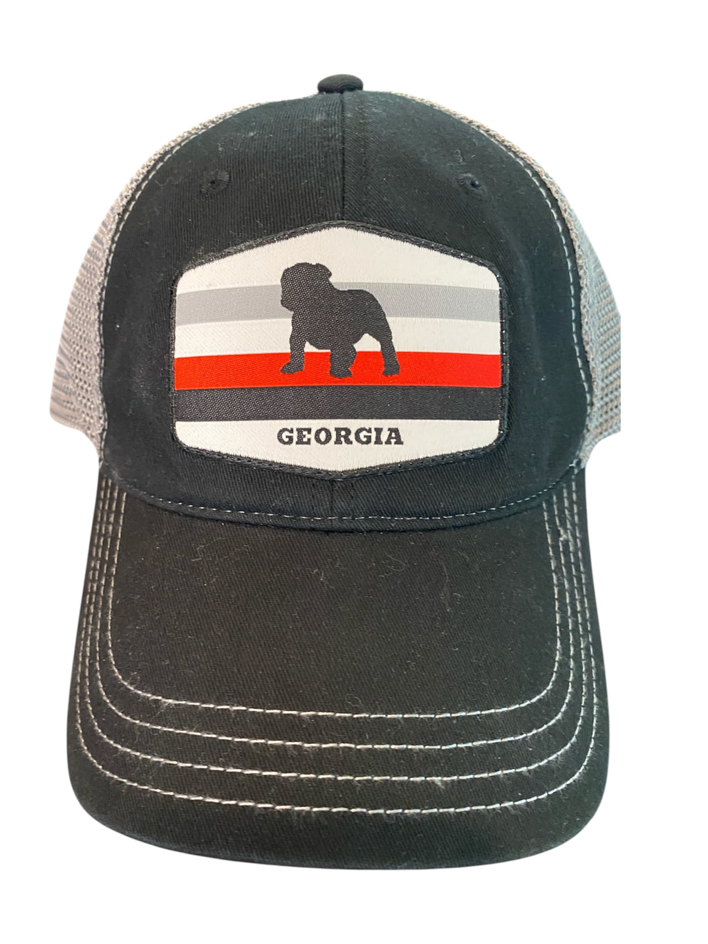 Bulldog Stripes Woven Patch Unstructured Trucker Hat in black/gray mesh