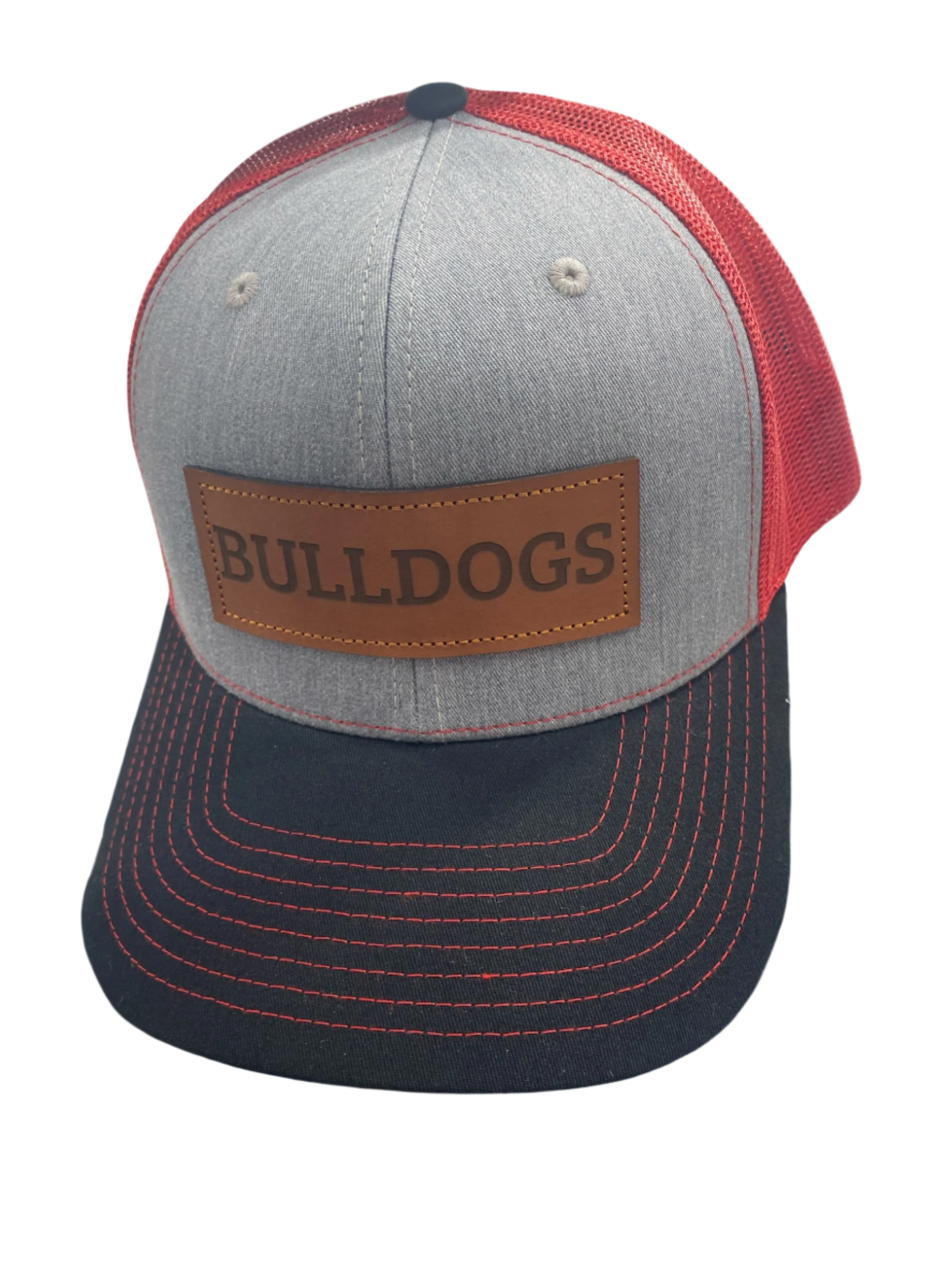 Leather patch BULLDOGS trucker hat tri color red/gray/black