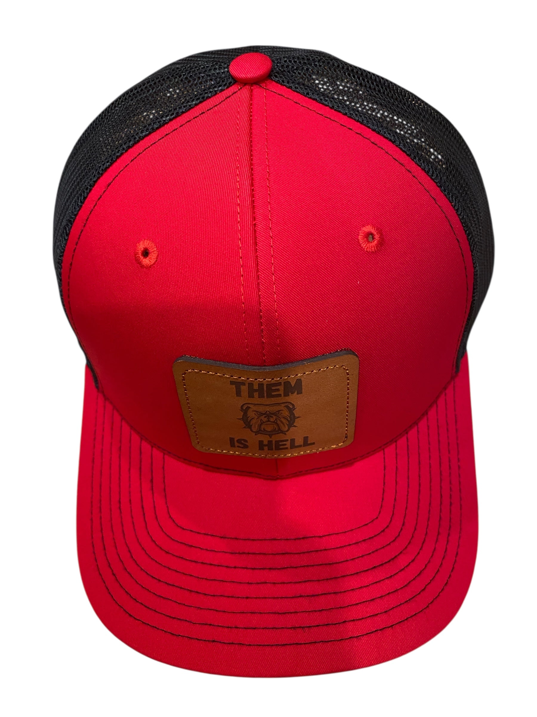 Leather patch Them Is Hell Trucker Hat in red/black mesh
