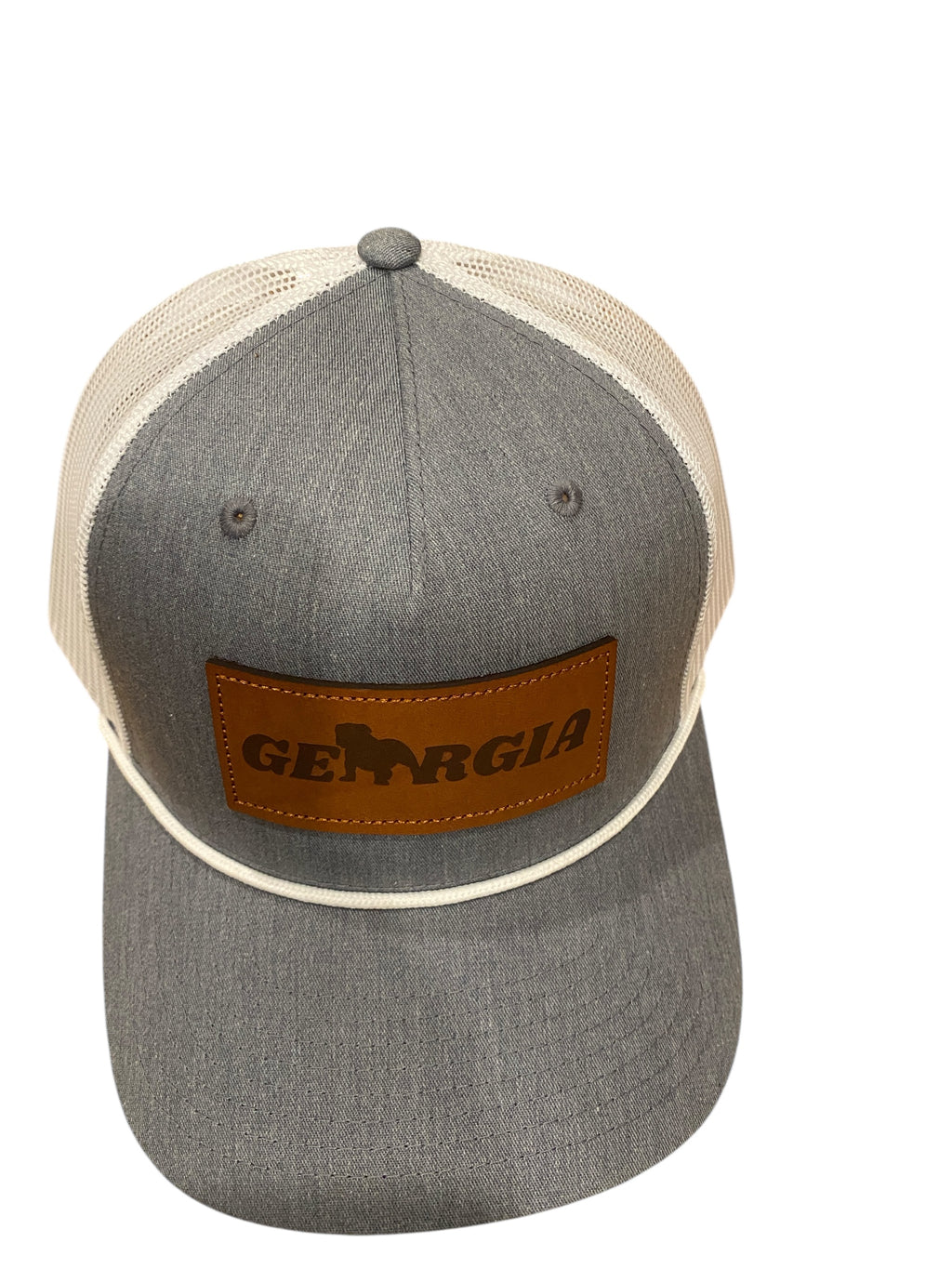 Heather Gray/White Mesh GABulldog Leather Patch Five Panel cap with White Rope