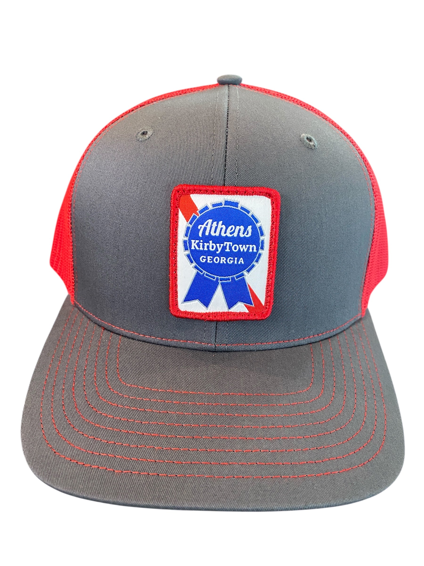 Woven Patch Athens Kirby Town Hat in gray/red mesh