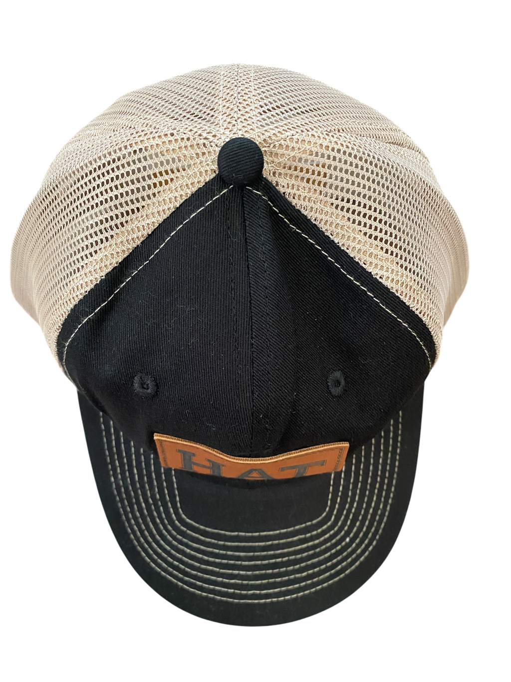 SaHC unstructured trucker hat in black/off-white mesh with faux leather HAT patch