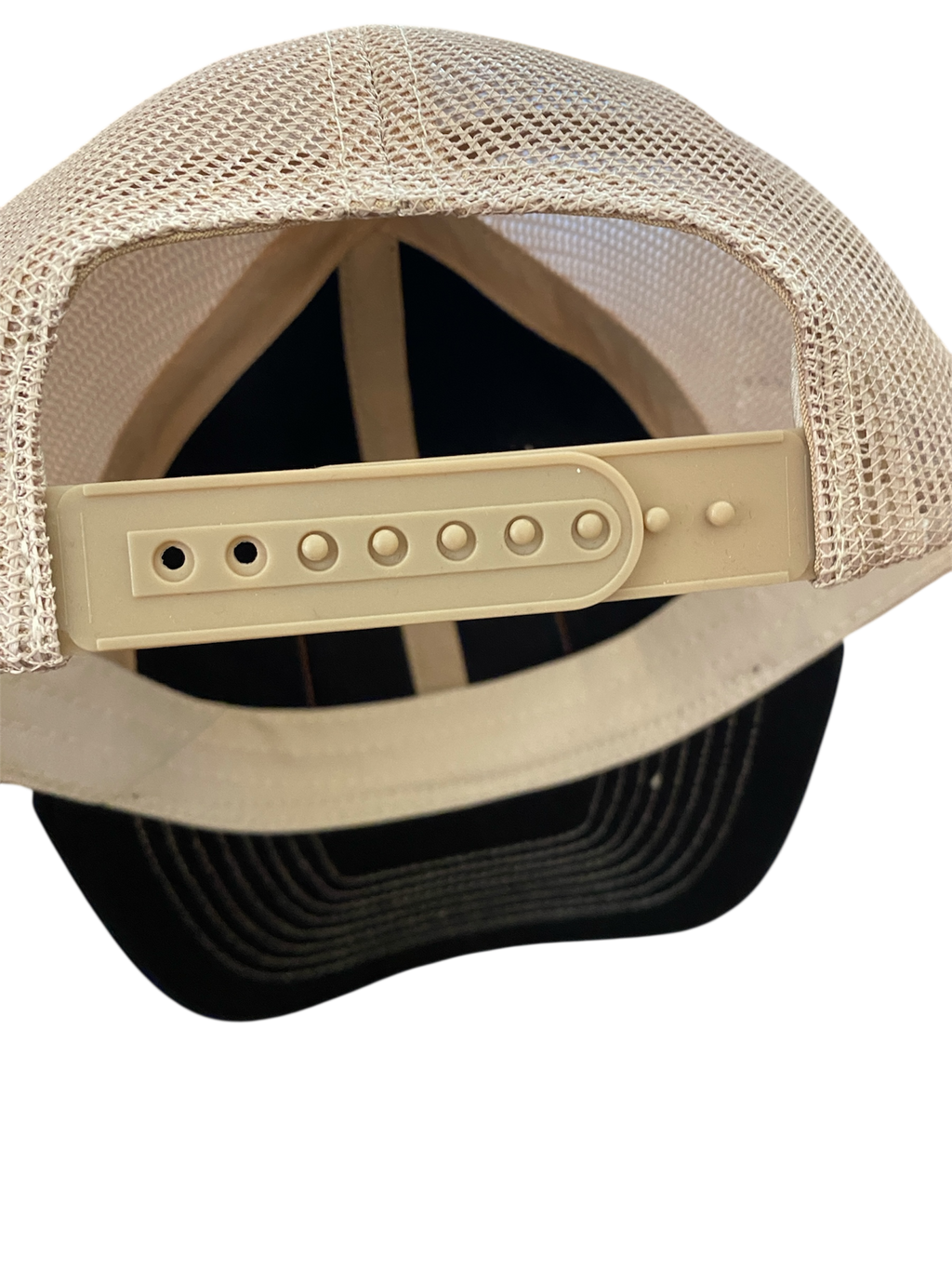 SaHC unstructured trucker hat in black/off-white mesh with faux leather HAT patch