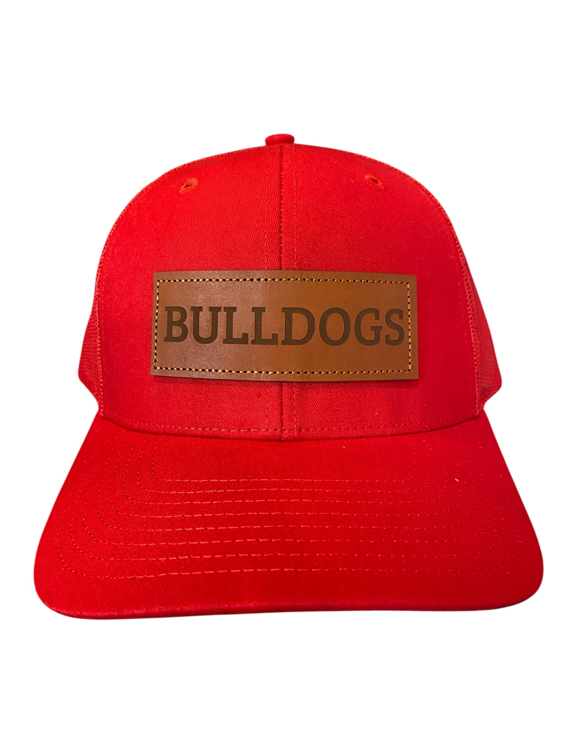 All red Leather patch BULLDOGS trucker hat