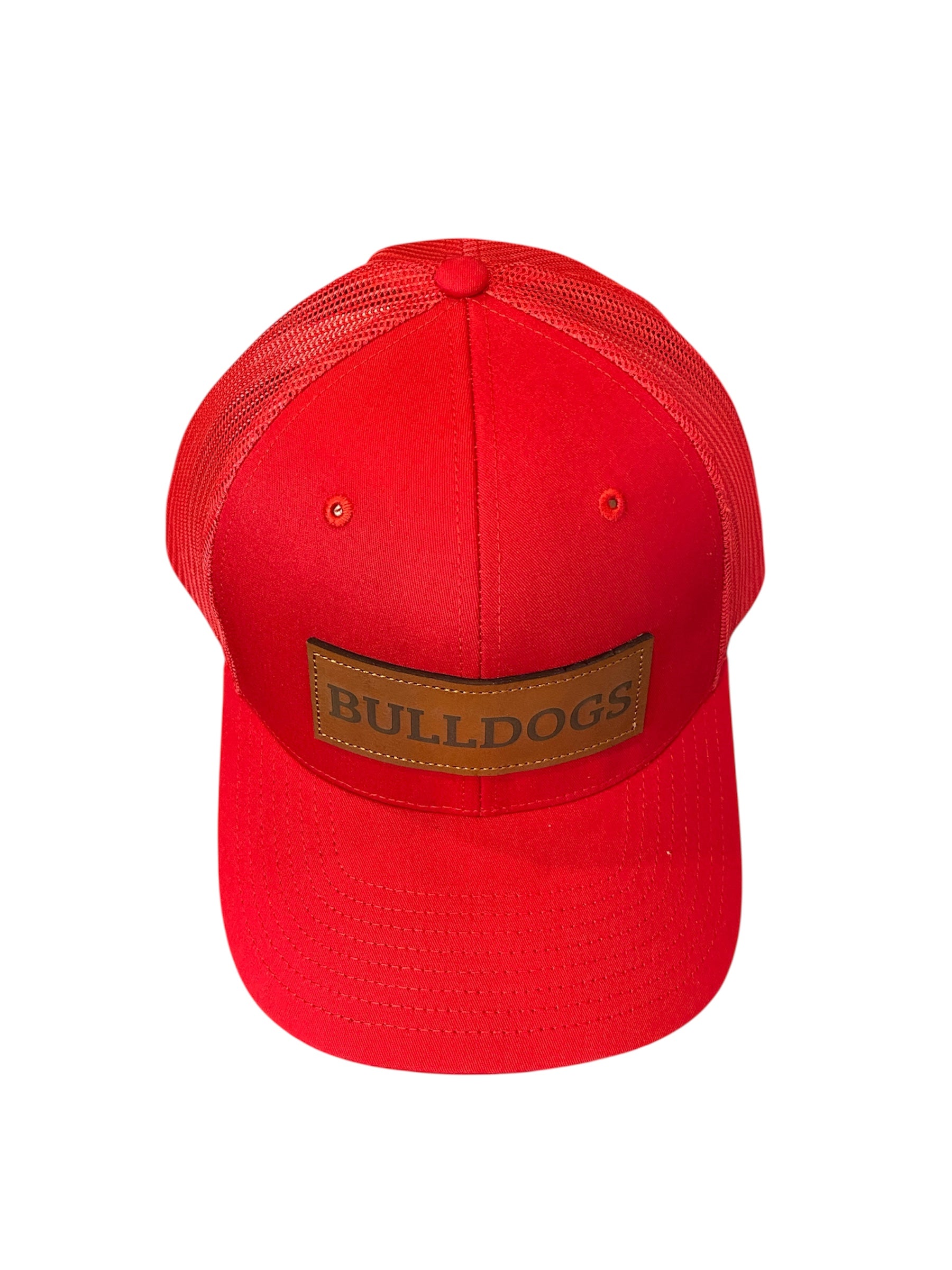 All red Leather patch BULLDOGS trucker hat