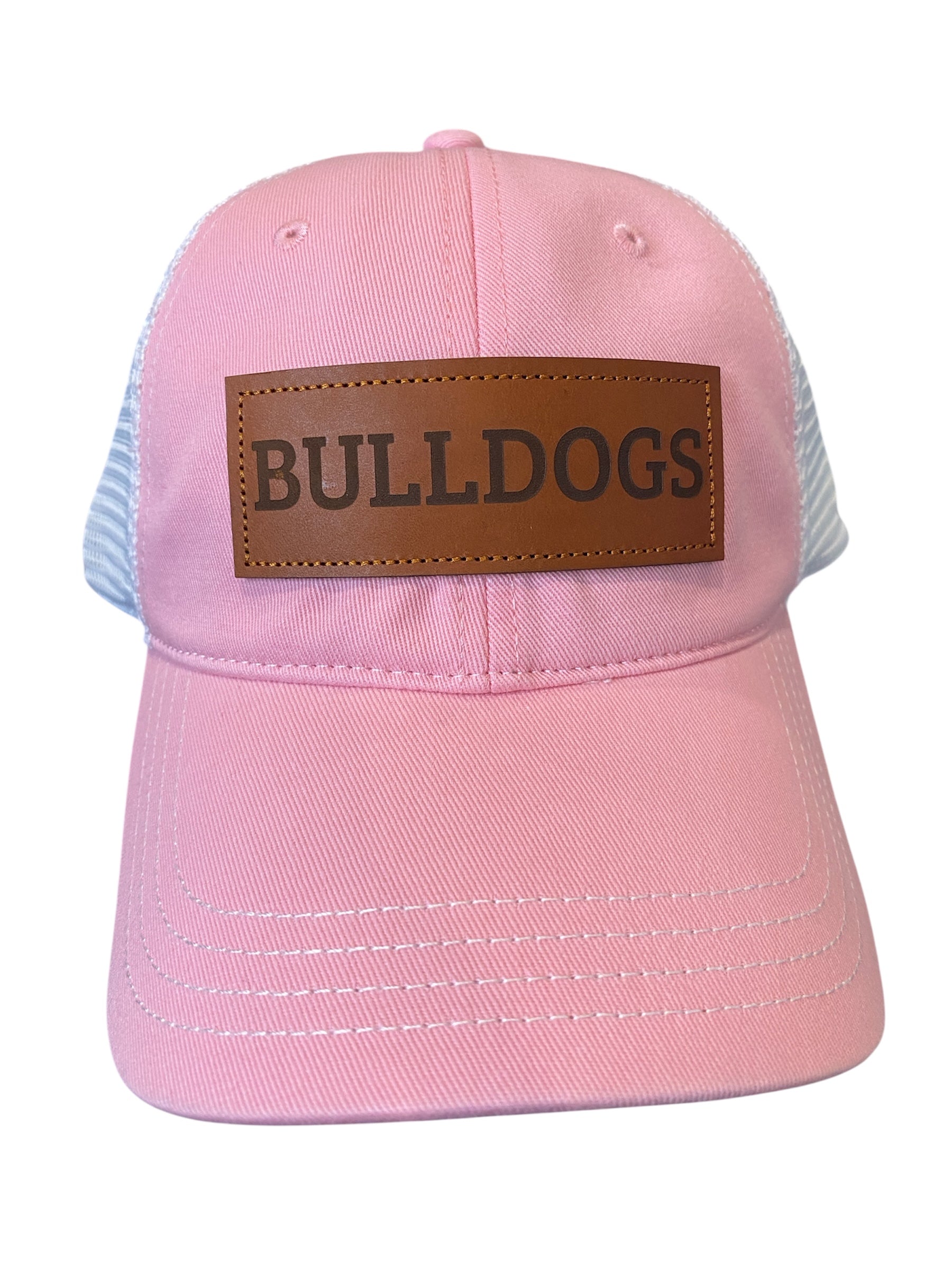 Unstructured Leather Patch BULLDOGS trucker hat in pink/white mesh