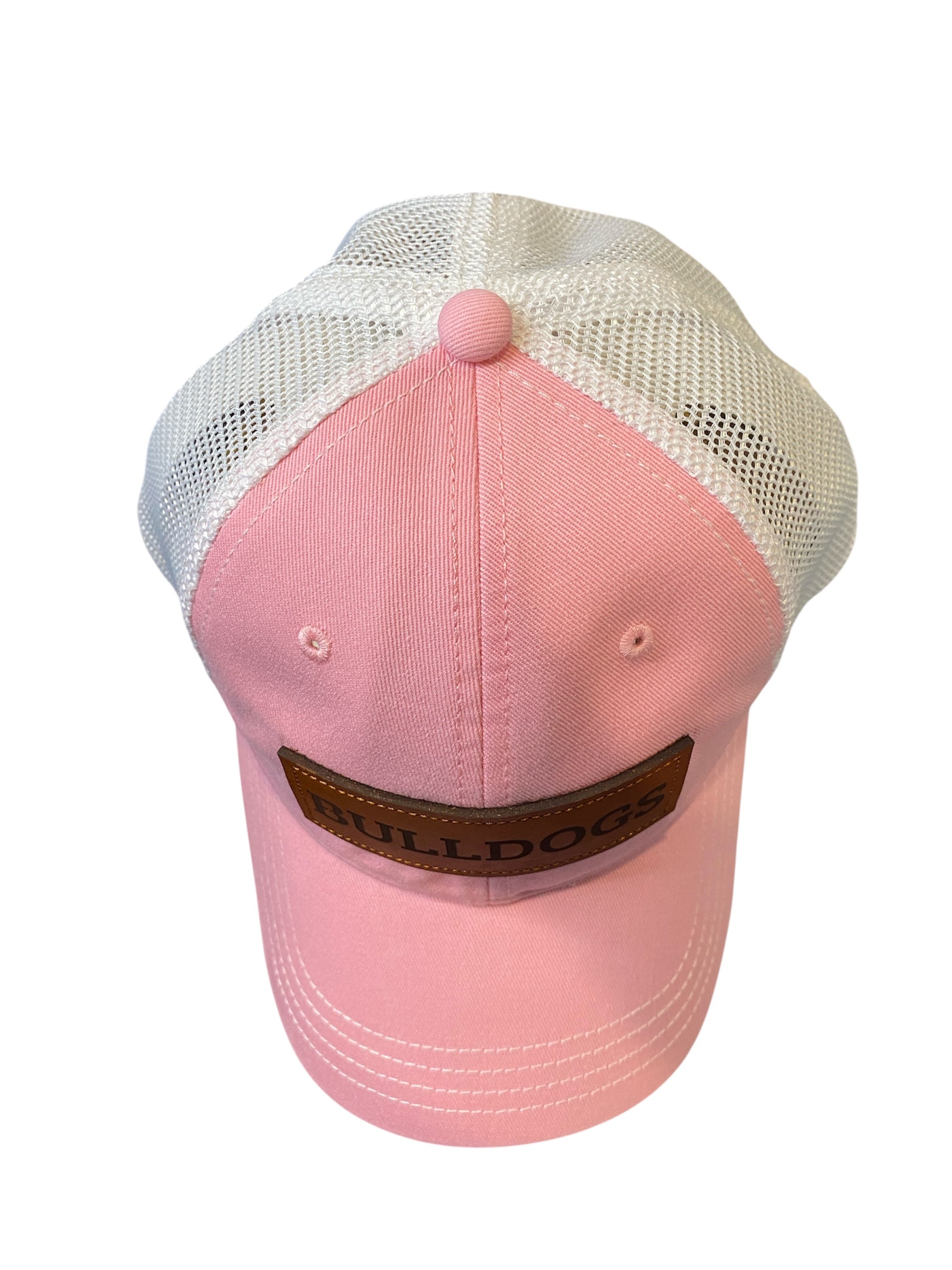 Unstructured Leather Patch BULLDOGS trucker hat in pink/white mesh