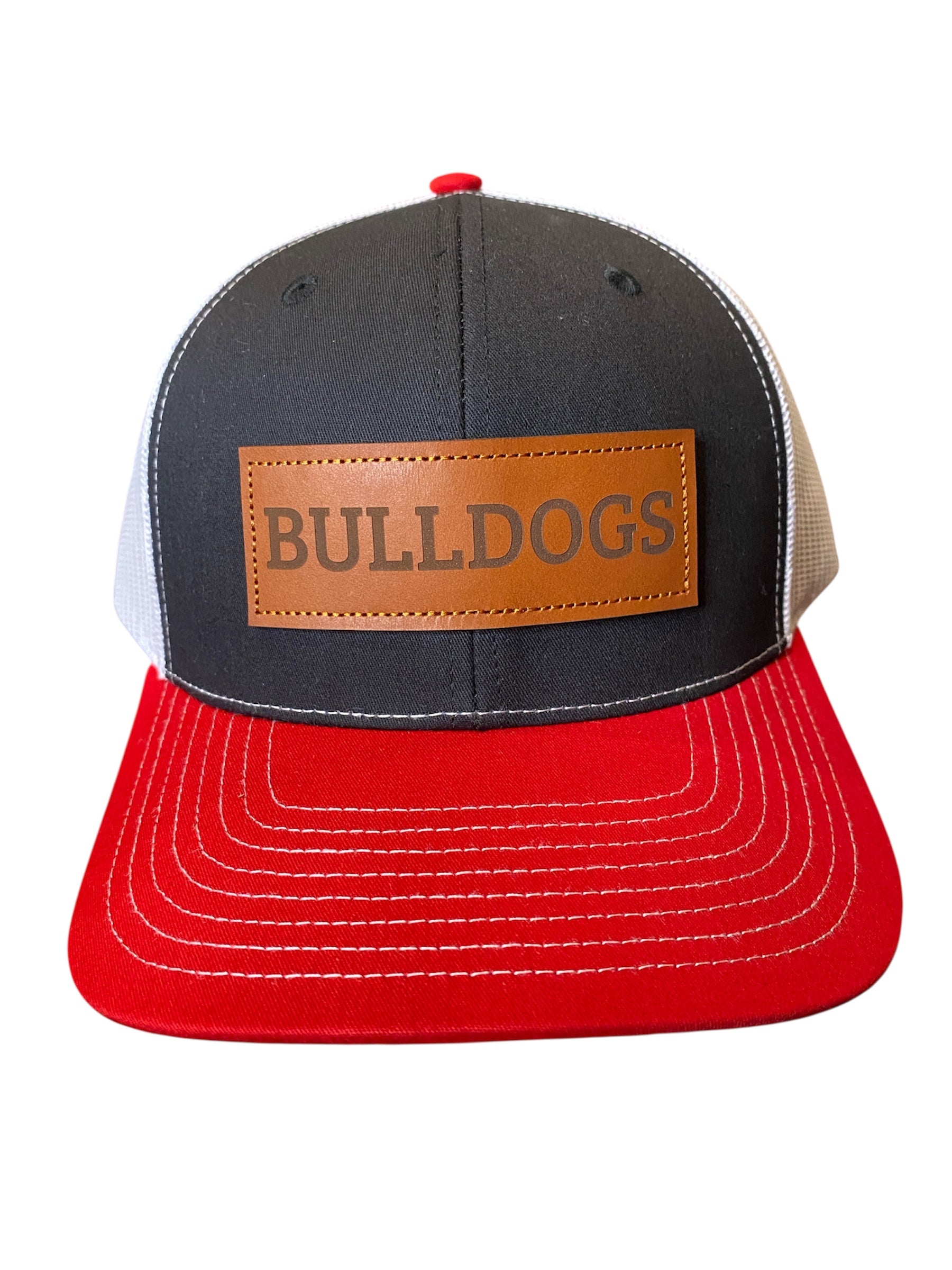 Leather patch BULLDOGS trucker hat tri color red/black/white mesh