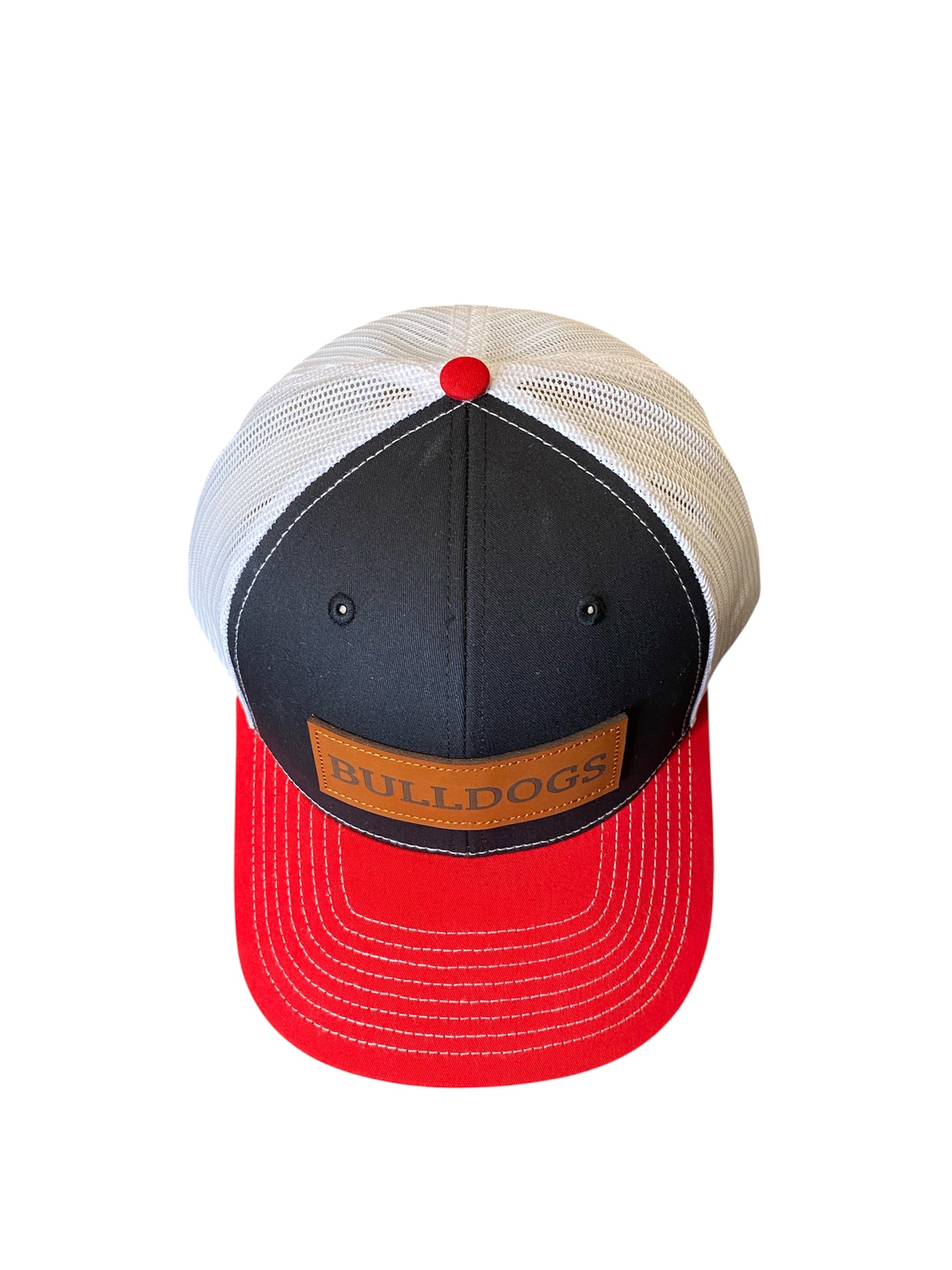 Leather patch BULLDOGS trucker hat tri color red/black/white mesh