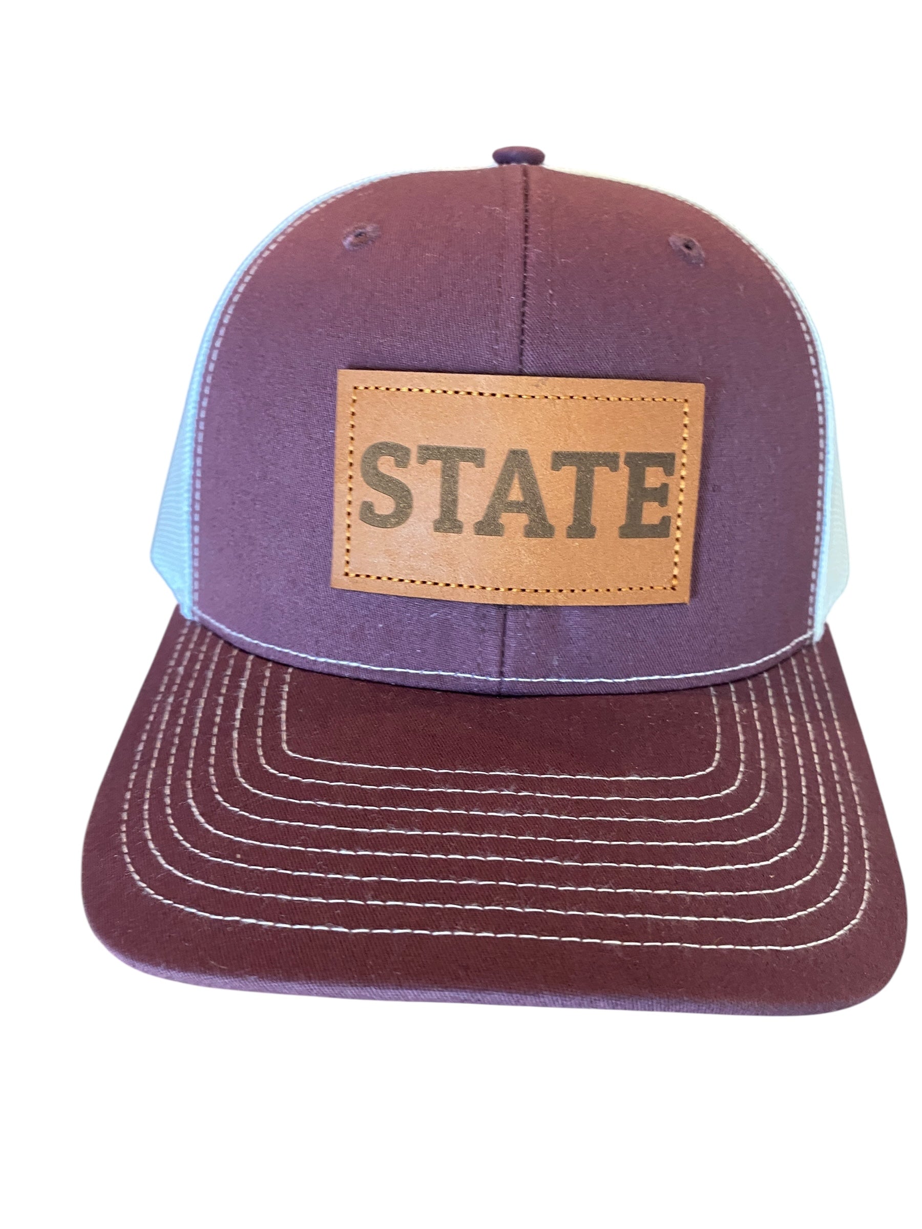 Leather patch STATE Trucker Hat in maroon/white mesh