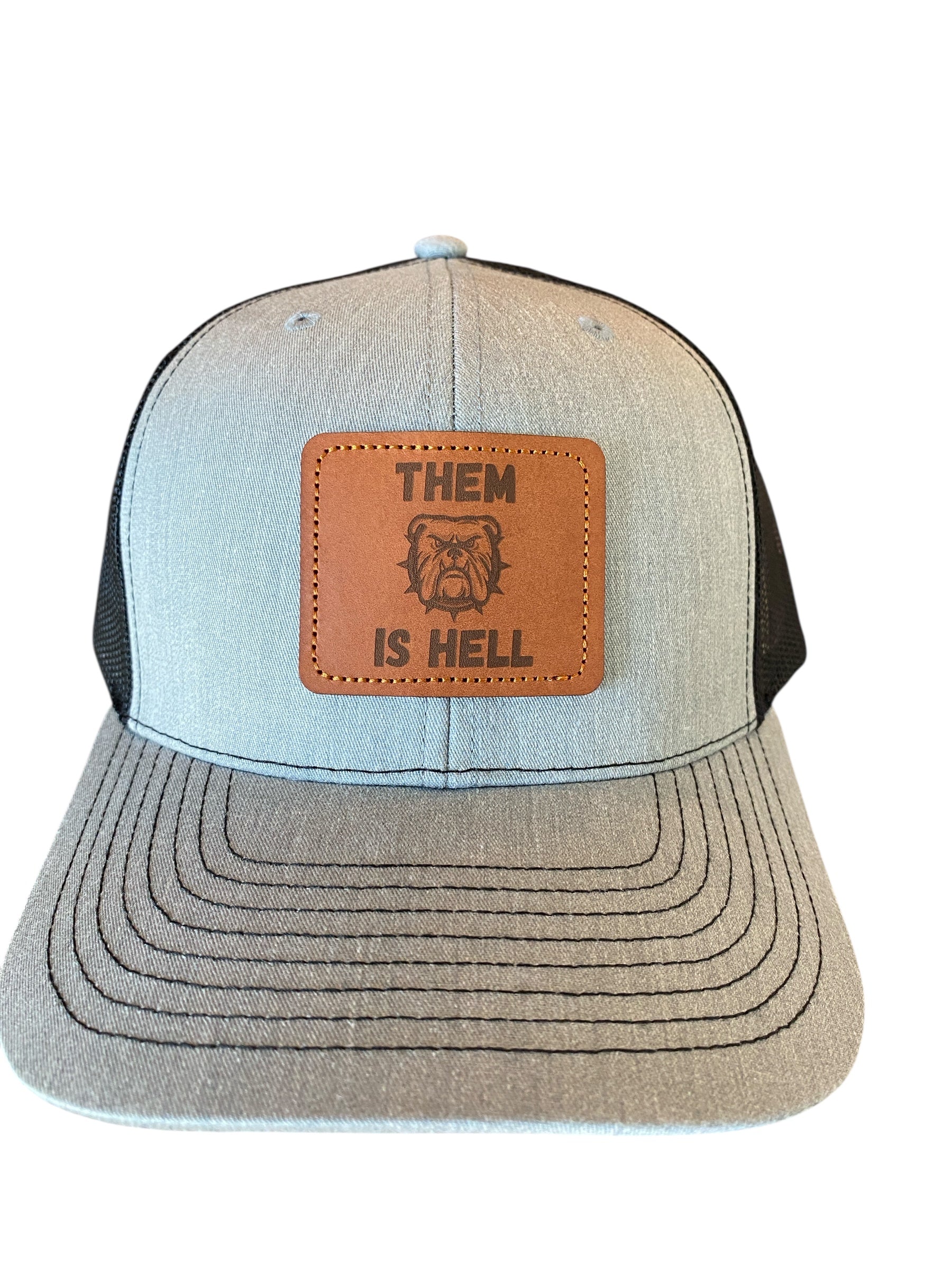 Leather patch Them Is Hell Trucker Hat in heather gray/black mesh
