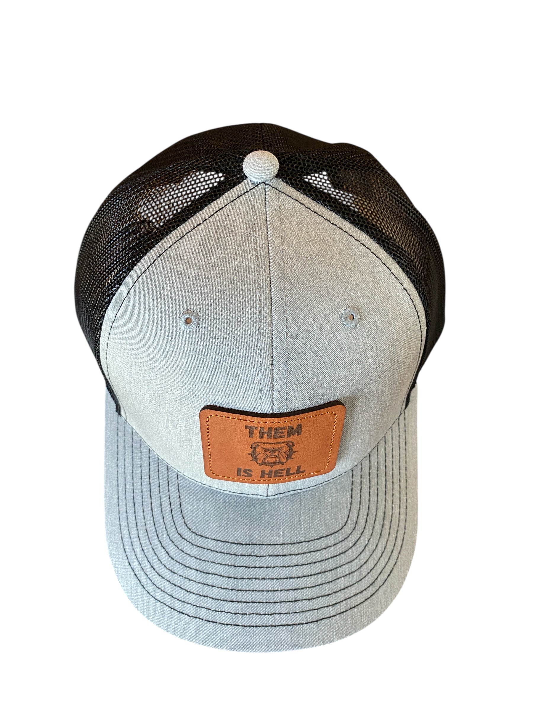 Leather patch Them Is Hell Trucker Hat in heather gray/black mesh