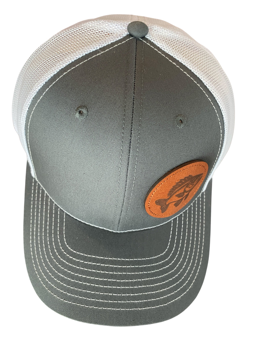 Leather patch Crappie Trucker Hat in charcoal/white