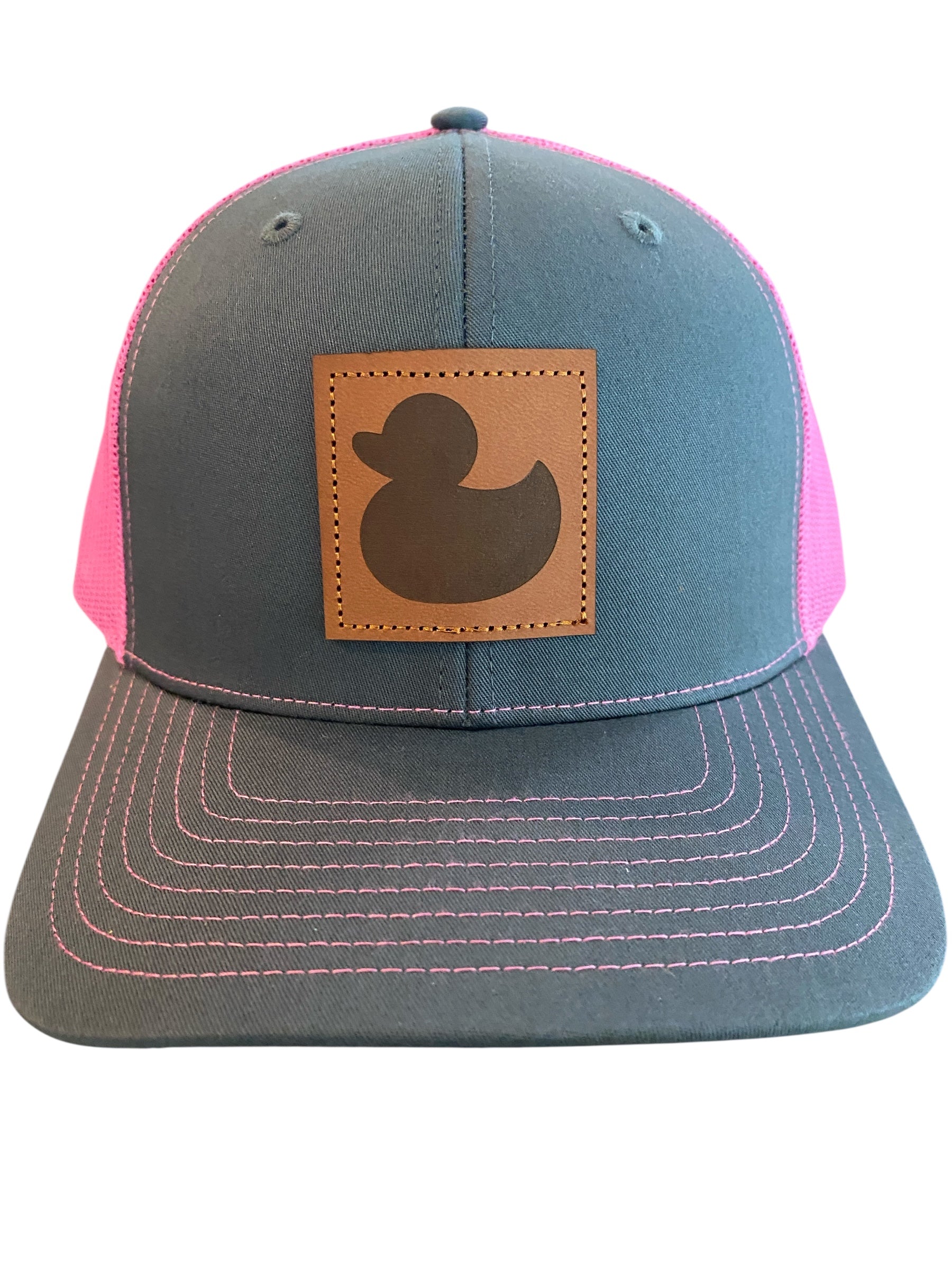 Leather patch Rubber Ducky hat in charcoal/hot pink mesh