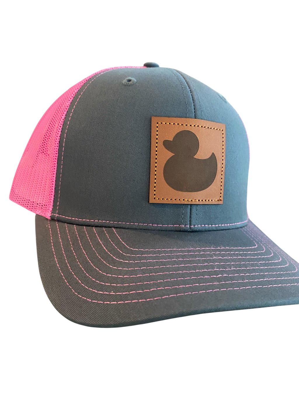 Leather patch Rubber Ducky hat in charcoal/hot pink mesh