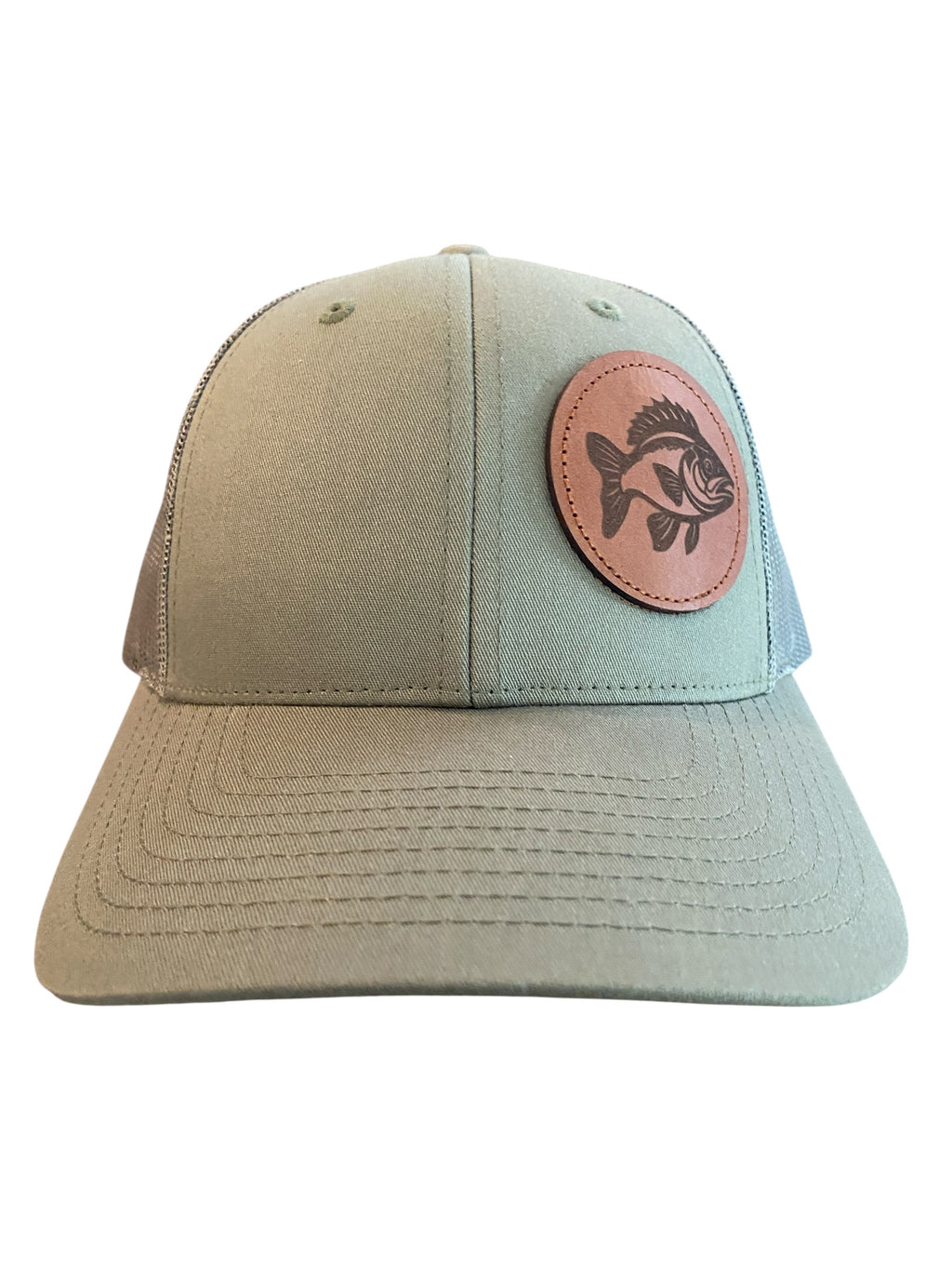 Leather Patch Low Profile Crappie Trucker Hat in olive green