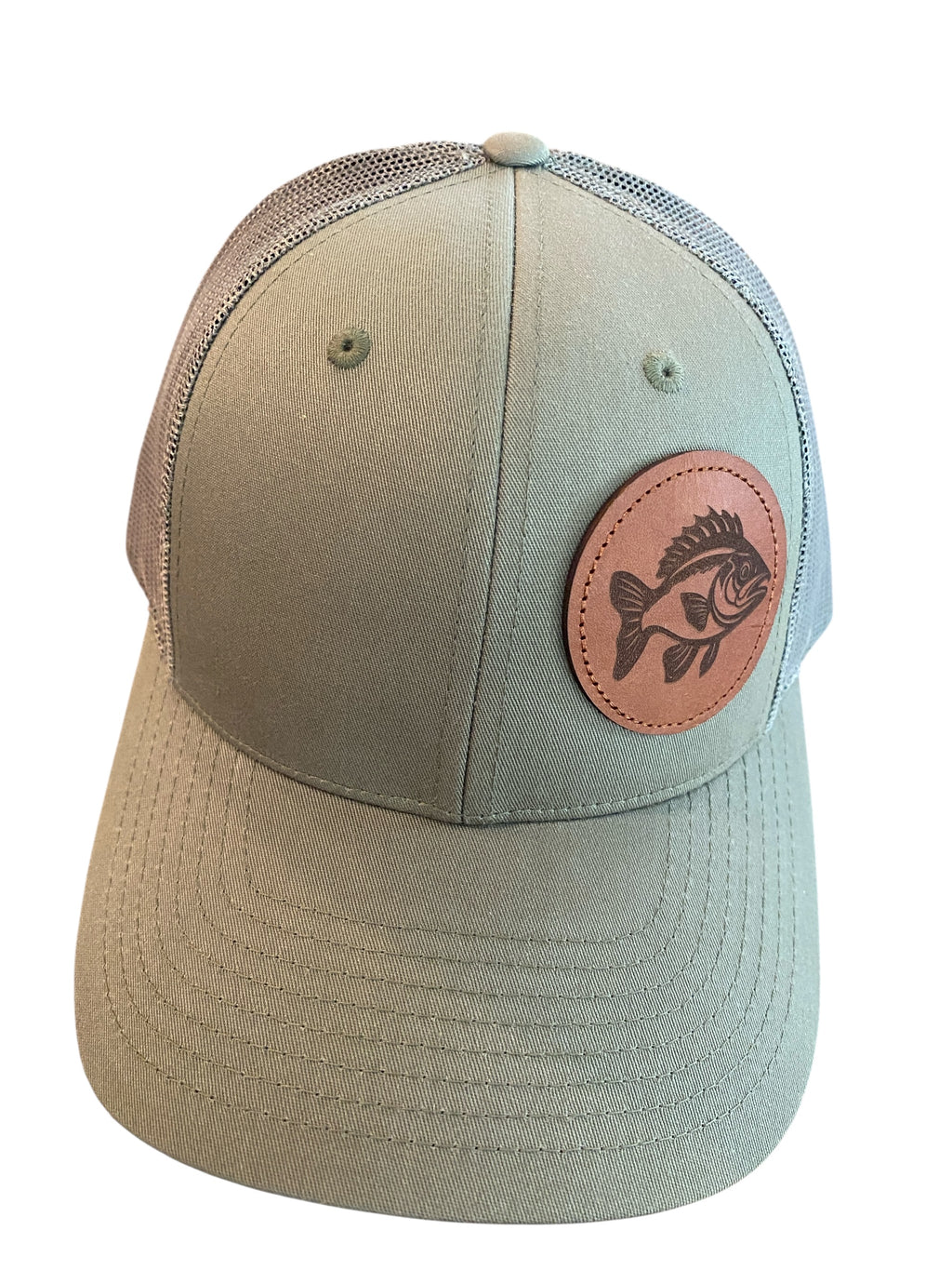 Leather Patch Low Profile Crappie Trucker Hat in olive green