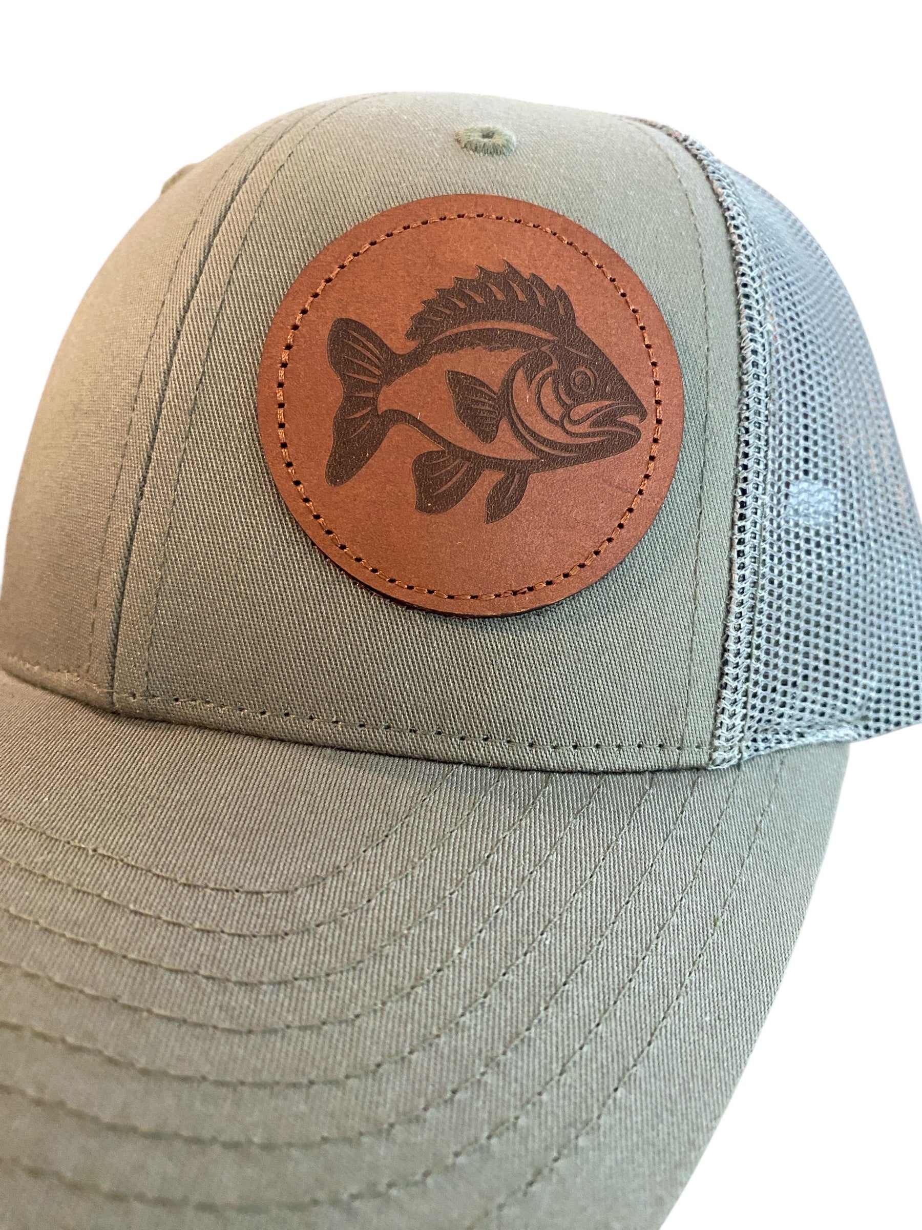Leather Patch Low Profile Crappie Trucker Hat in olive green