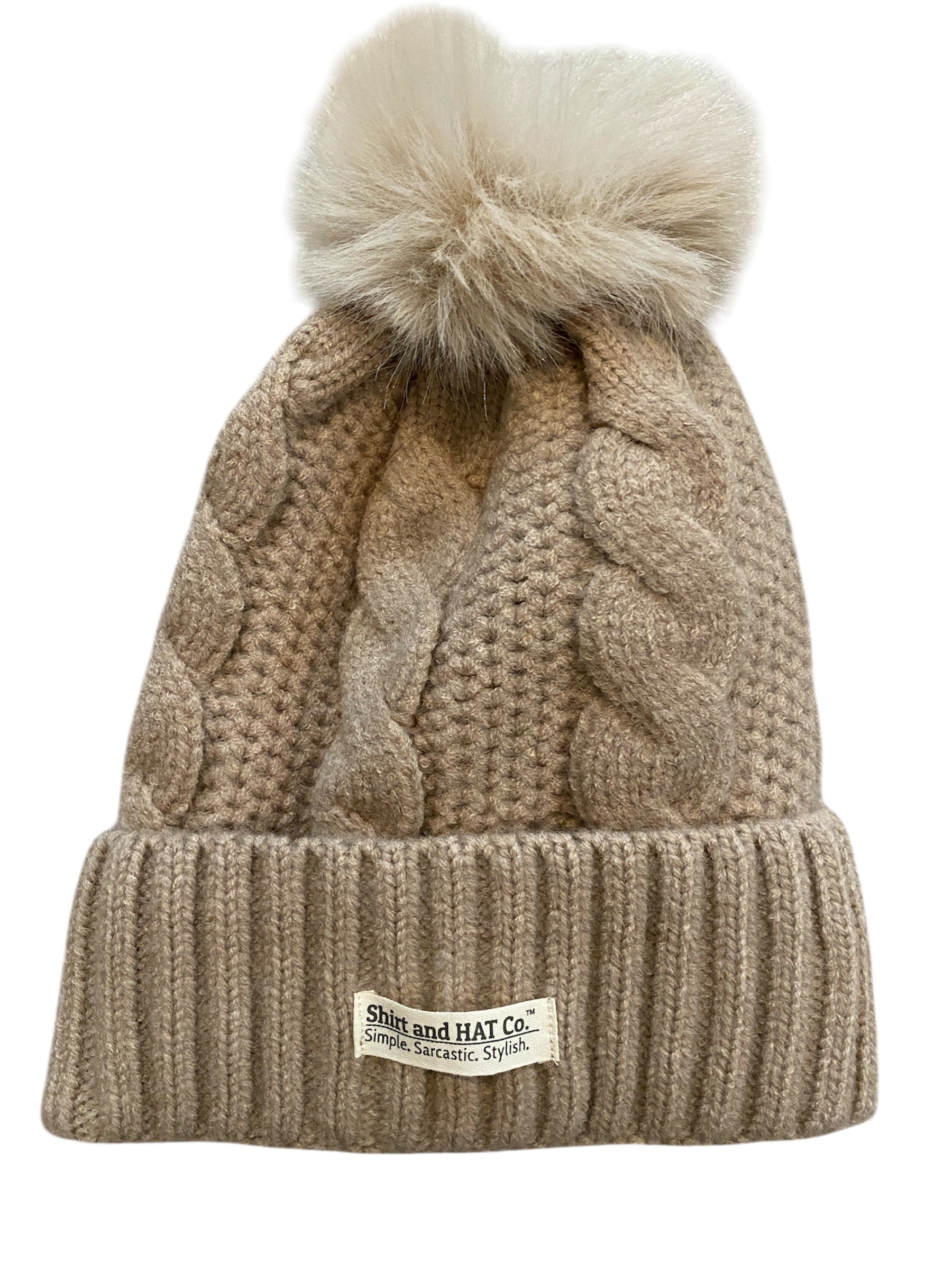 Sweater Weave Pom Pom Beanie in beige
