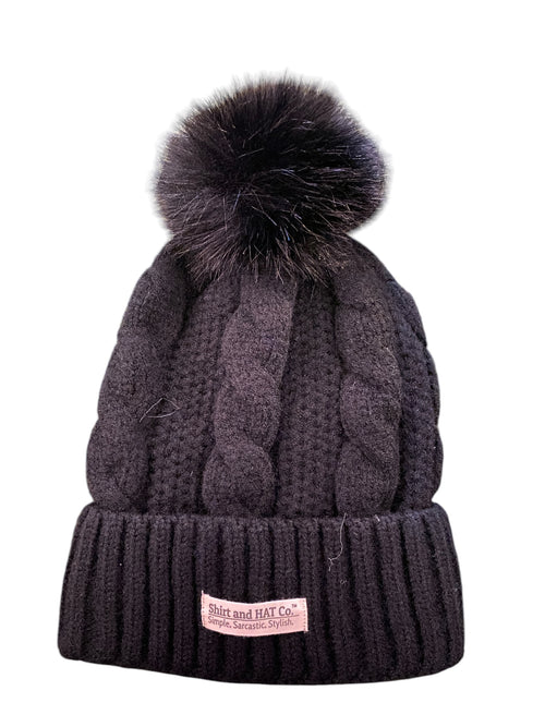 Sweater Weave Pom Pom Beanie in black
