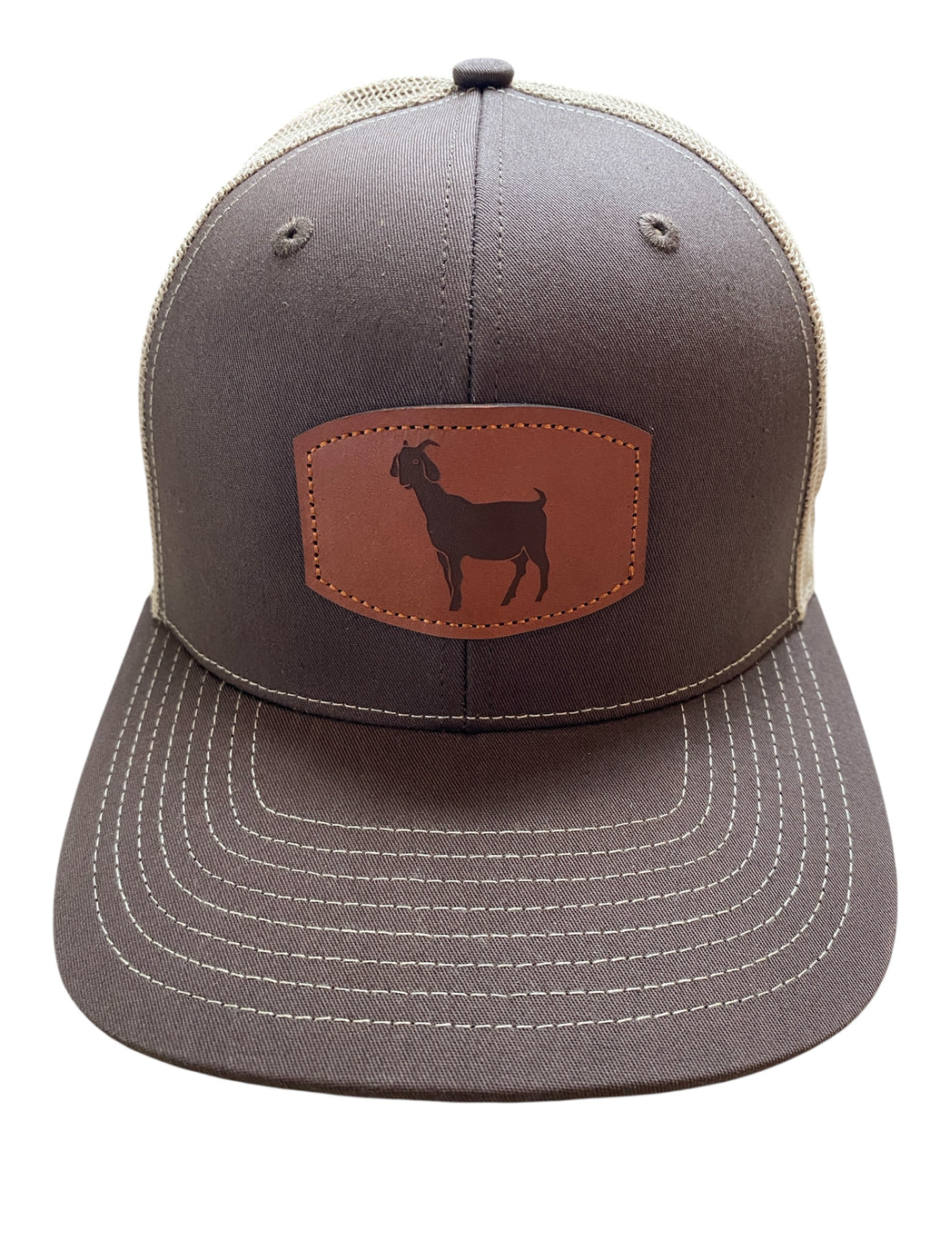 Leather Patch goat trucker hat in brown/tan