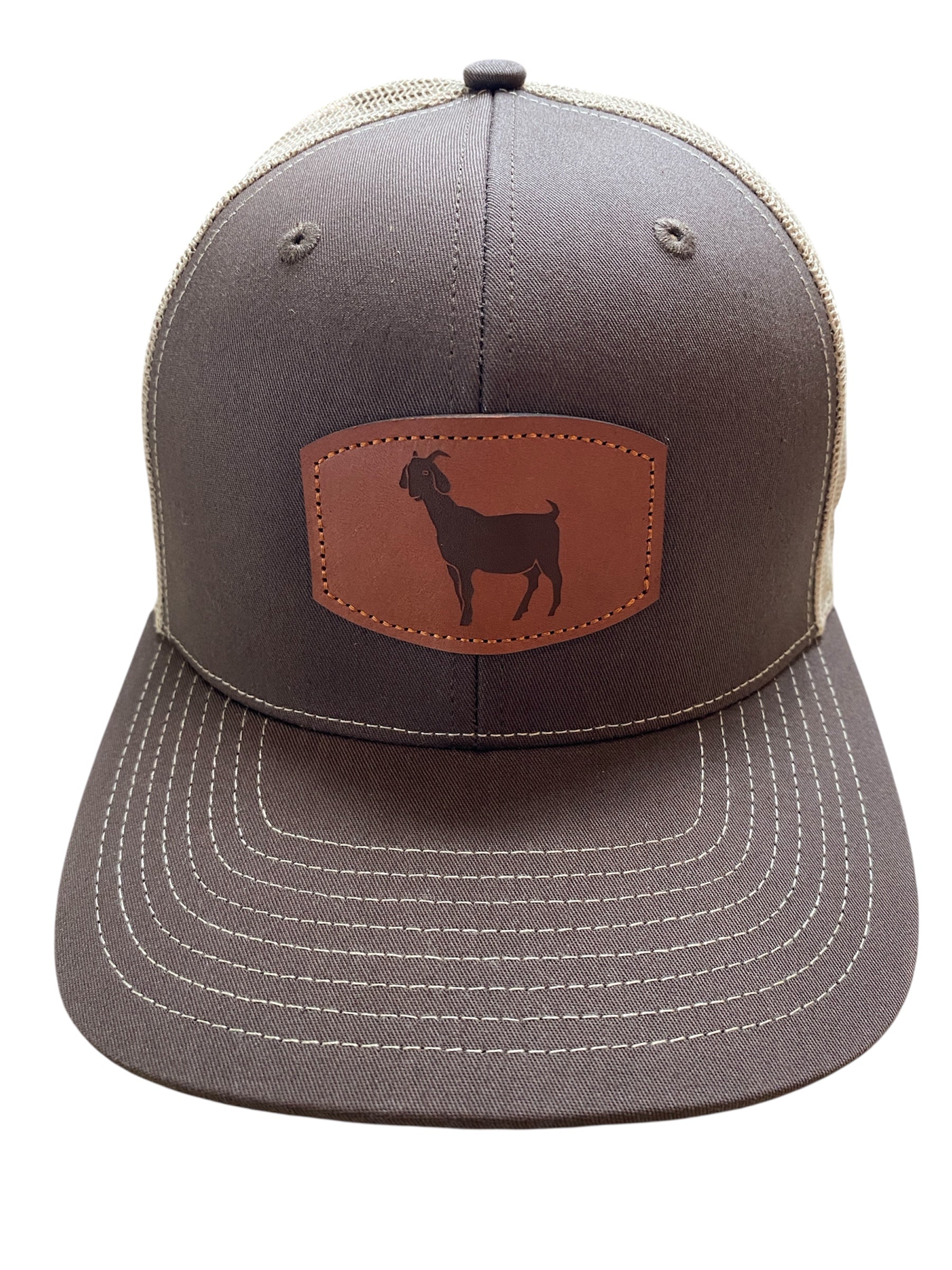 Leather Patch goat trucker hat in brown/tan