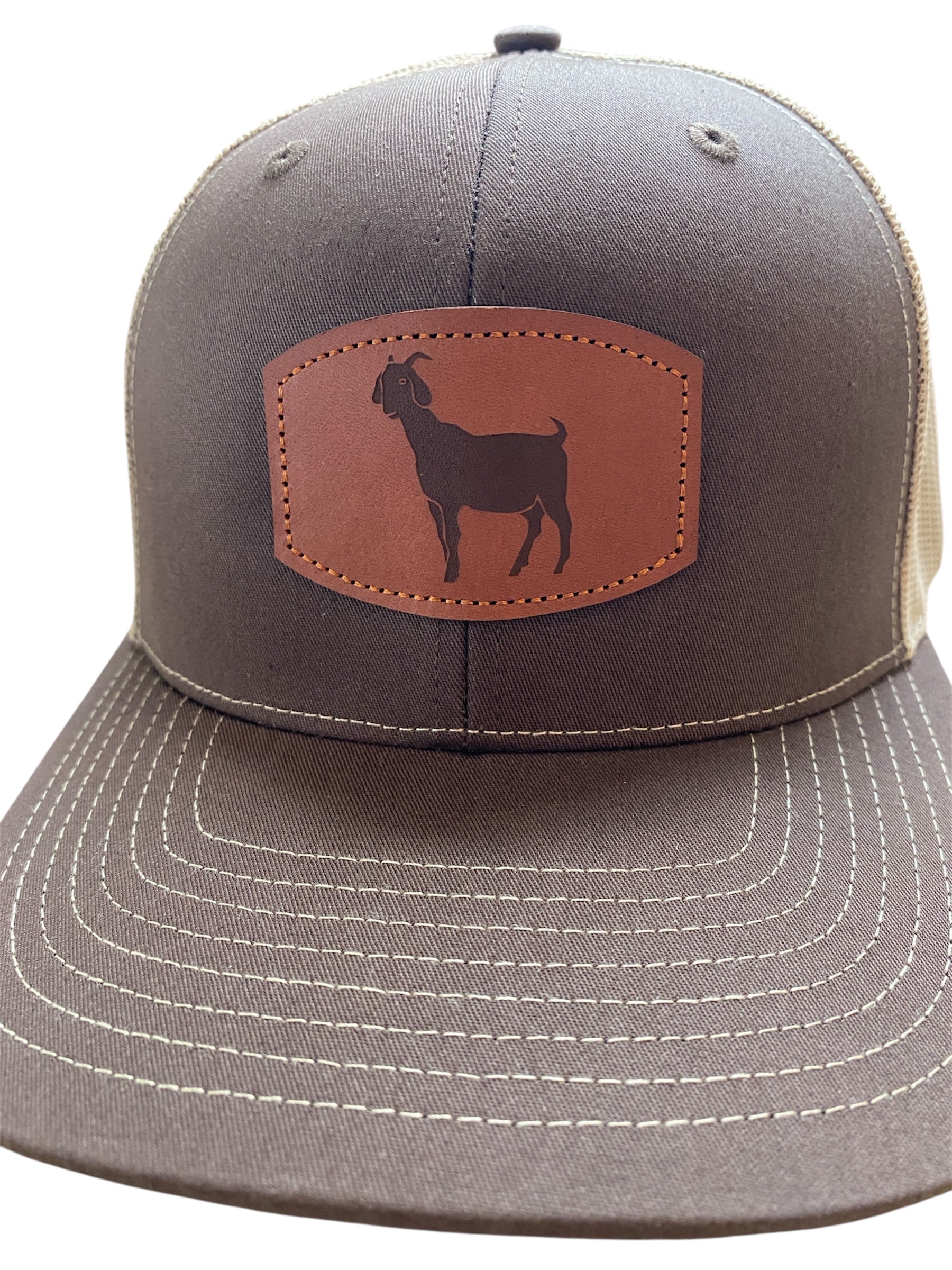 Leather Patch goat trucker hat in brown/tan