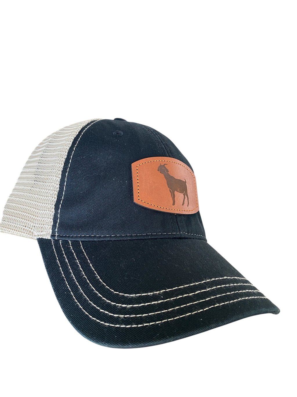 Unstructured Leather Patch goat hat in black/beige mesh
