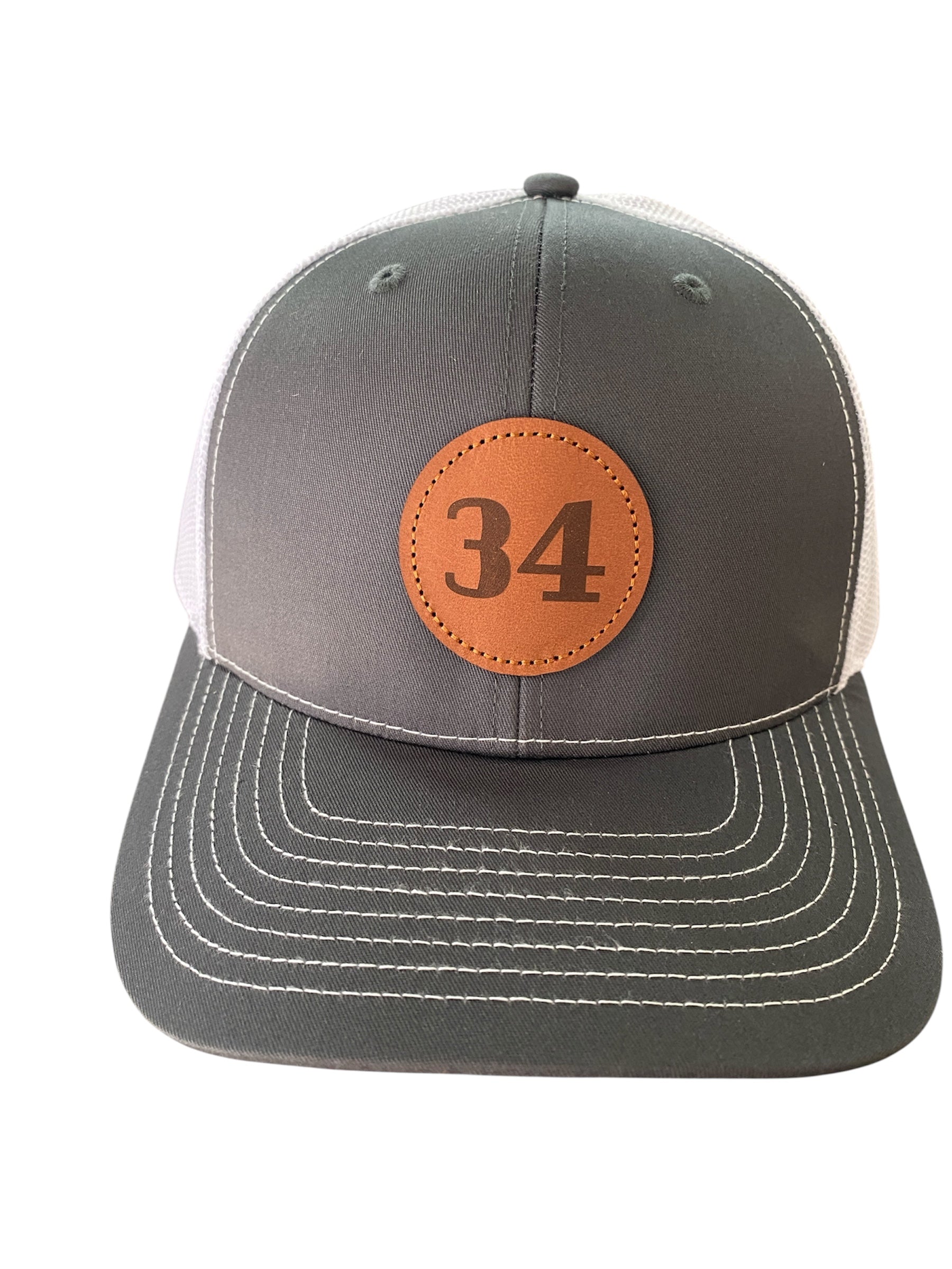 Leather Circle Patch 34 hat in charcoal/white mesh