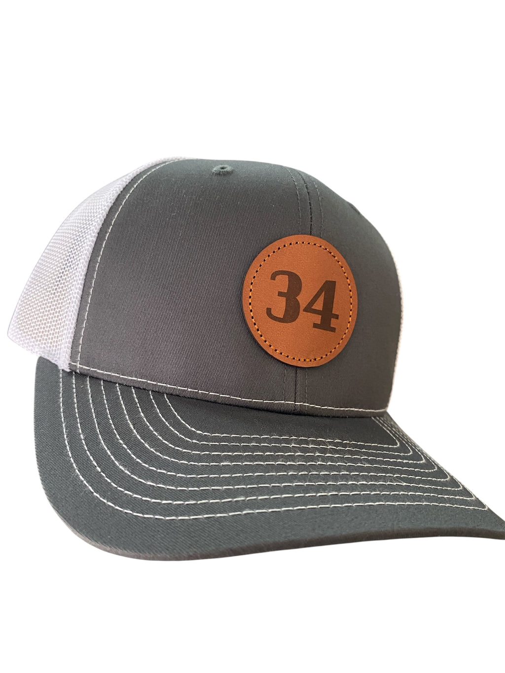 Leather Circle Patch 34 hat in charcoal/white mesh