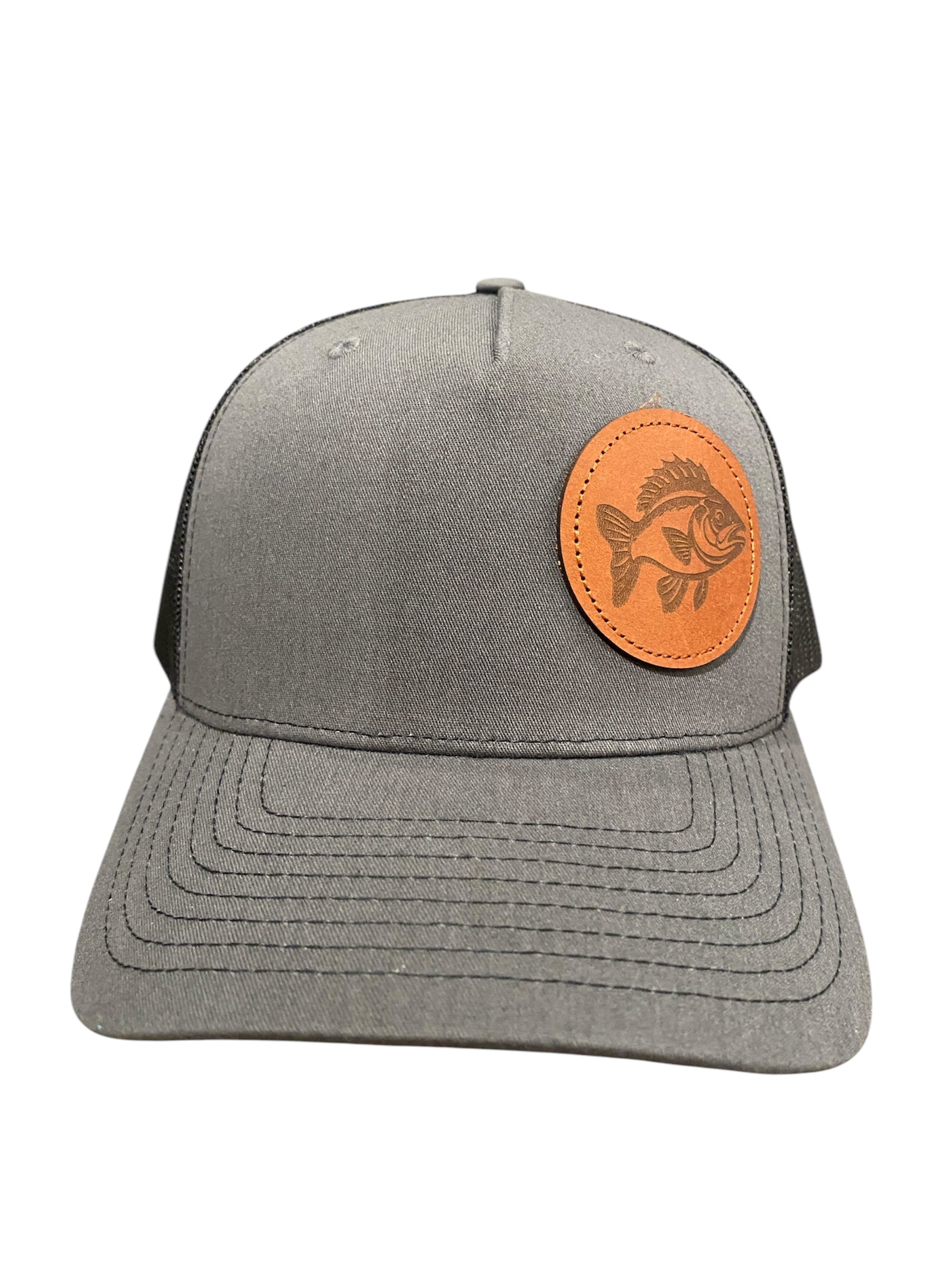 Leather patch Crappie Trucker Hat in charcoal/black