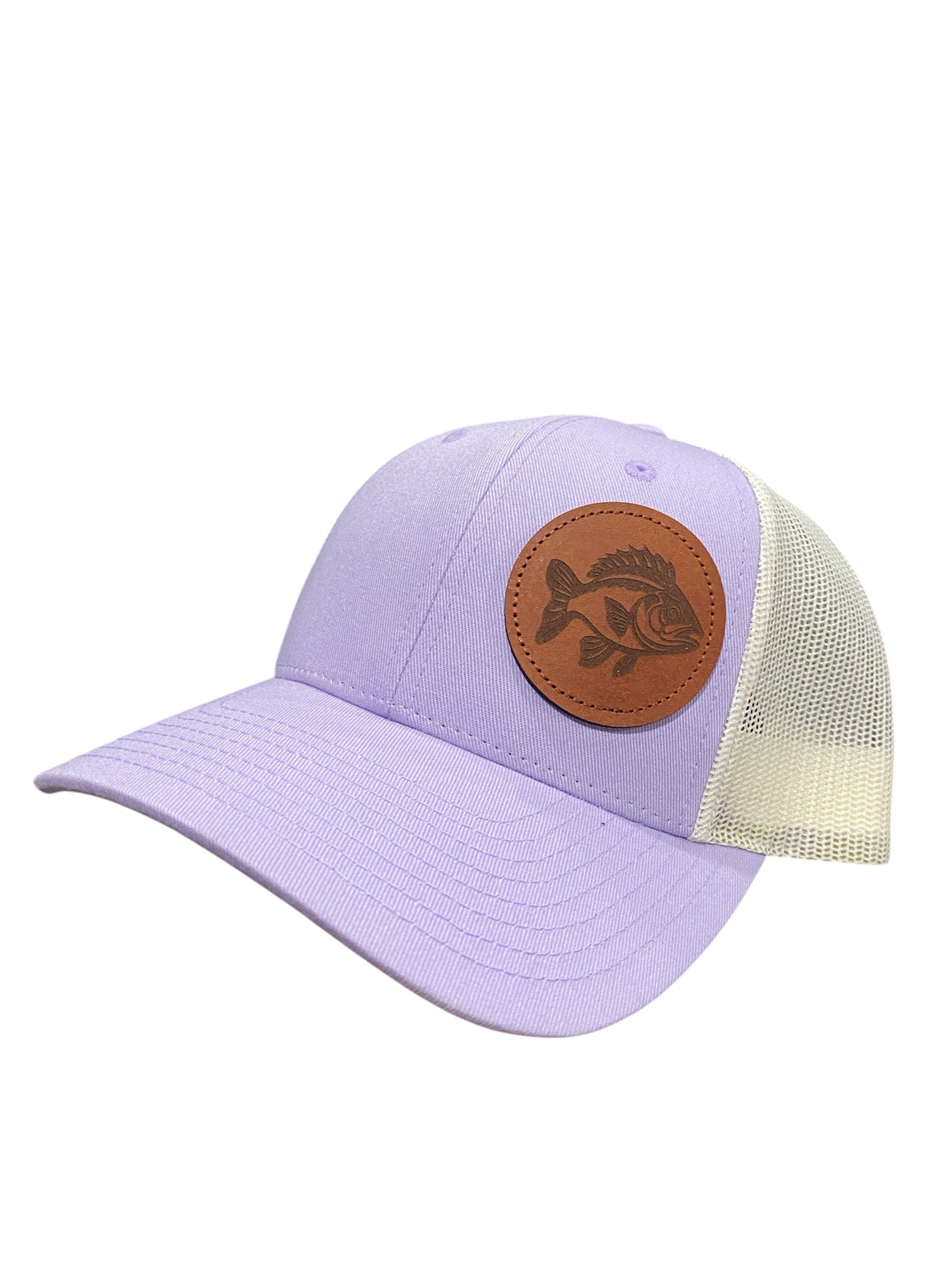 Askew circle patch fish Trucker Hat in lavender