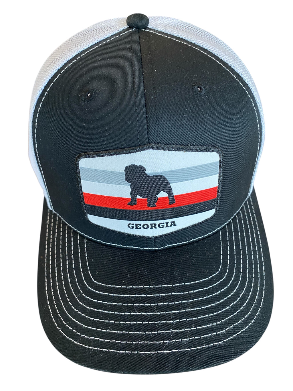 Bulldog Stripes Woven Patch Trucker Hat in black/white mesh