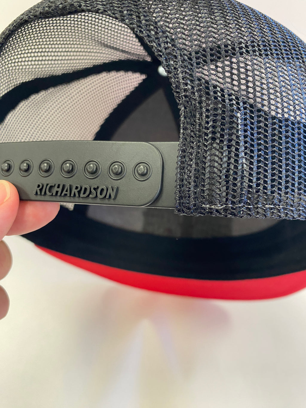 Richardson flat bill leather patch HAT in red and black