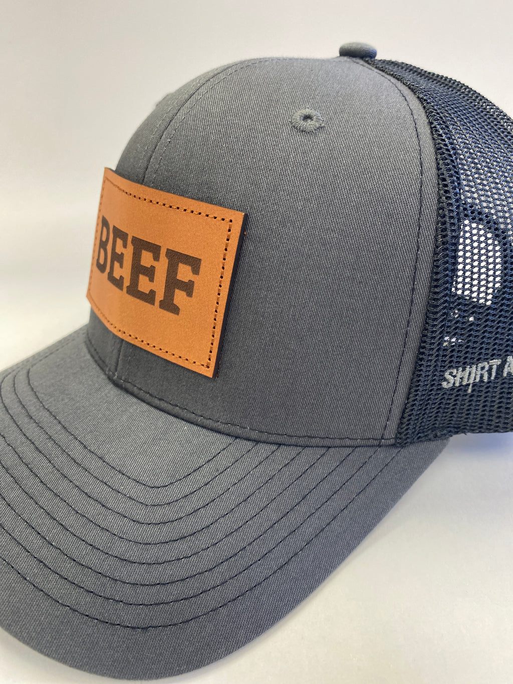 Leather Patch BEEF Trucker Hat in charcoal/black