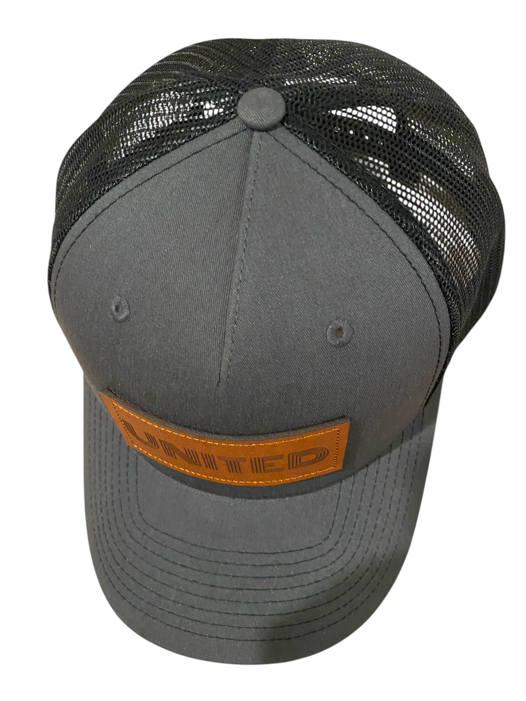Leather Patch UNITED Trucker Hat in charcoal/black