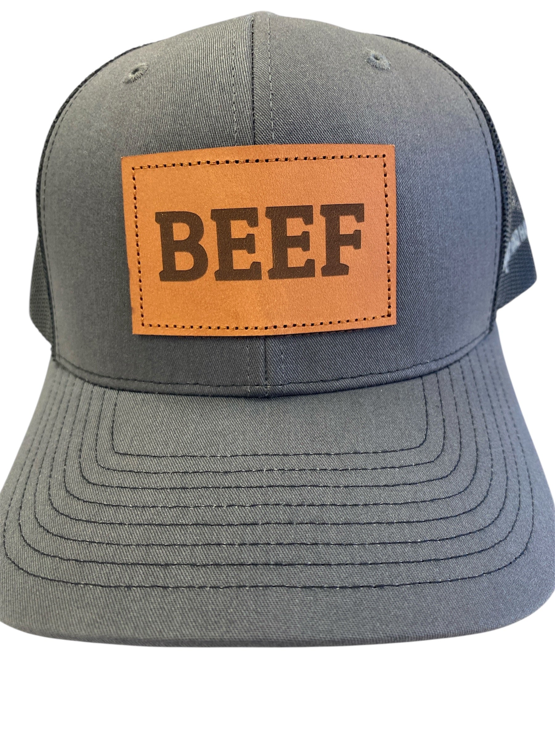 Leather Patch BEEF Trucker Hat in charcoal/black