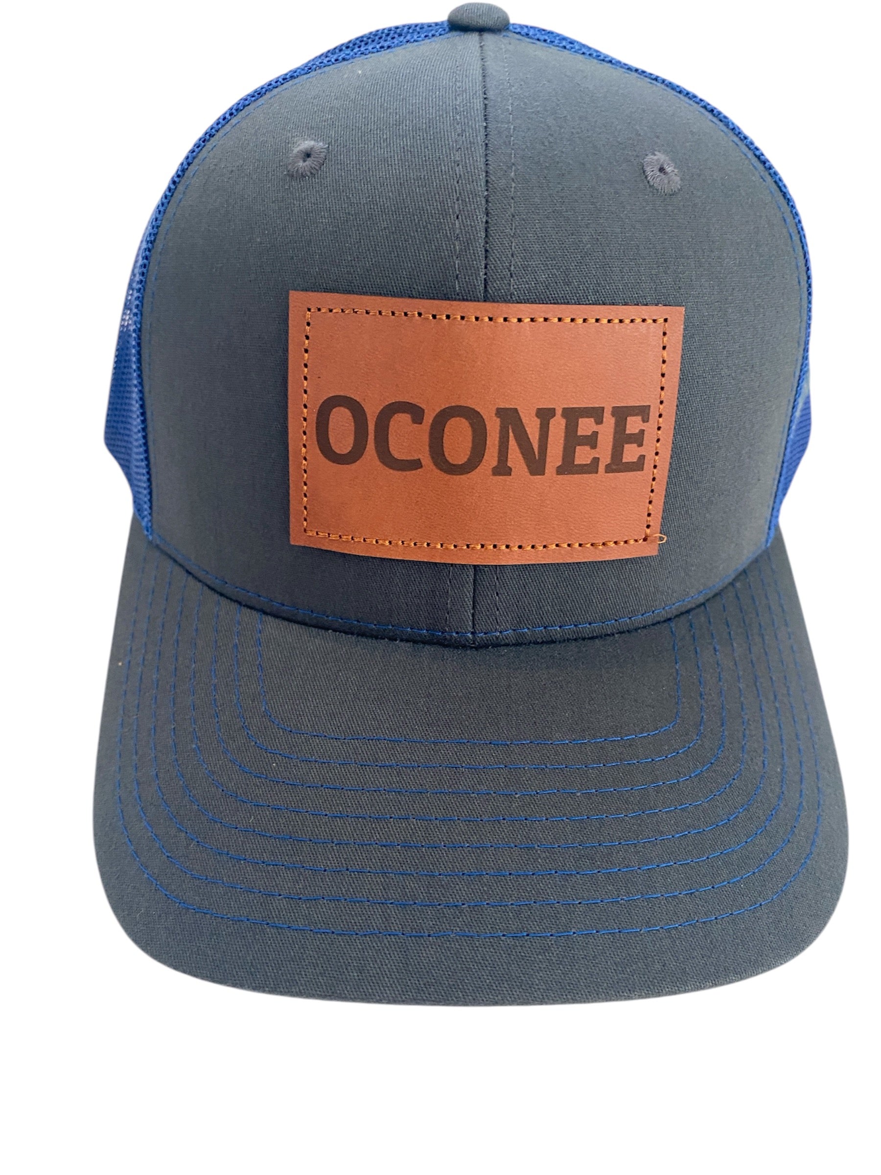 Leather Patch OCONEE Trucker Hat in charcoal/blue